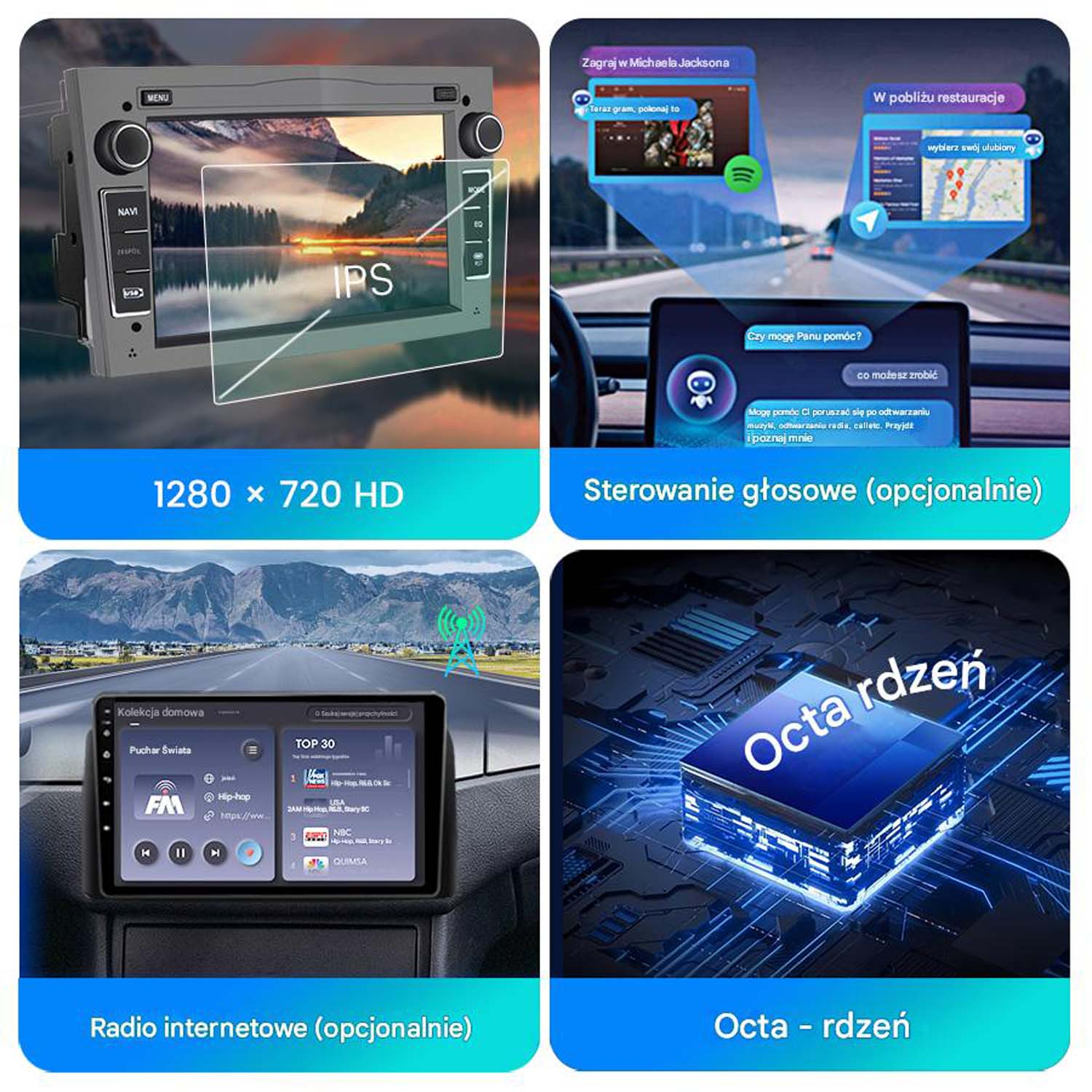 Cztery ekrany systemu nawigacji samochodowej z polskim tekstem. Wnętrza samochodów. Białe tło.