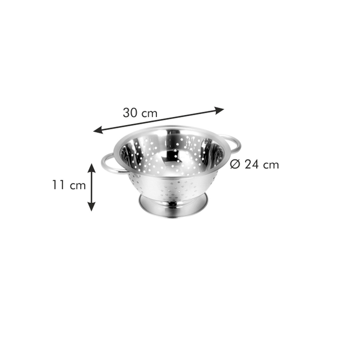 Edelstahl-Gemüsesieb mit Maßangaben: 30 cm Durchmesser, 24 cm Durchmesser, 11 cm Höhe.