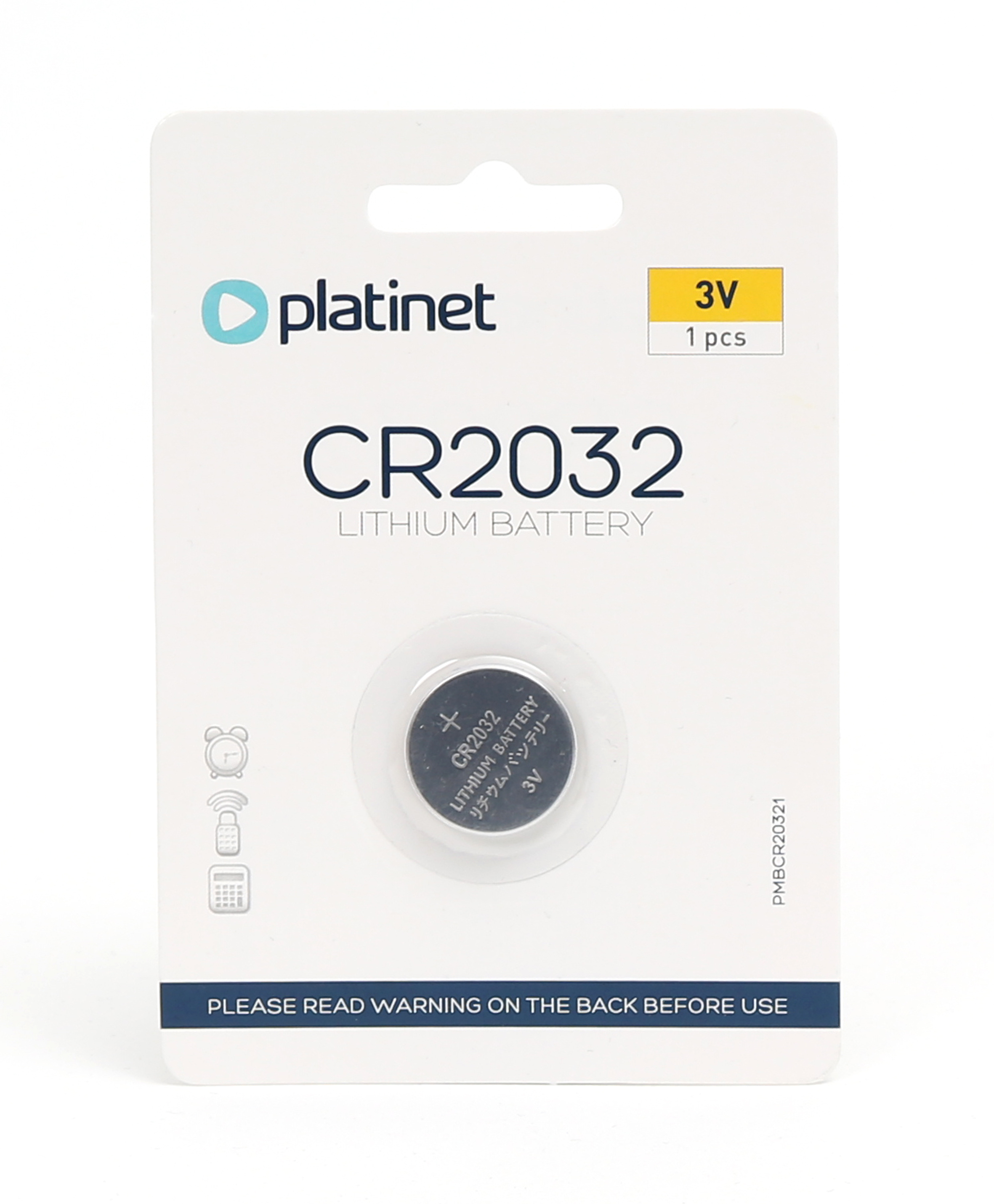 Confezione batteria al litio Platinet CR2032. Bianca e blu, con una singola batteria visibile.