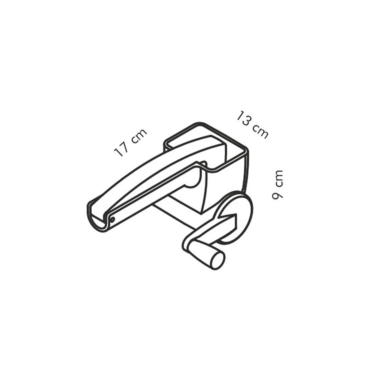 Disegno a linea di una grattugia con misure. È lunga 17 cm e larga 13 cm.