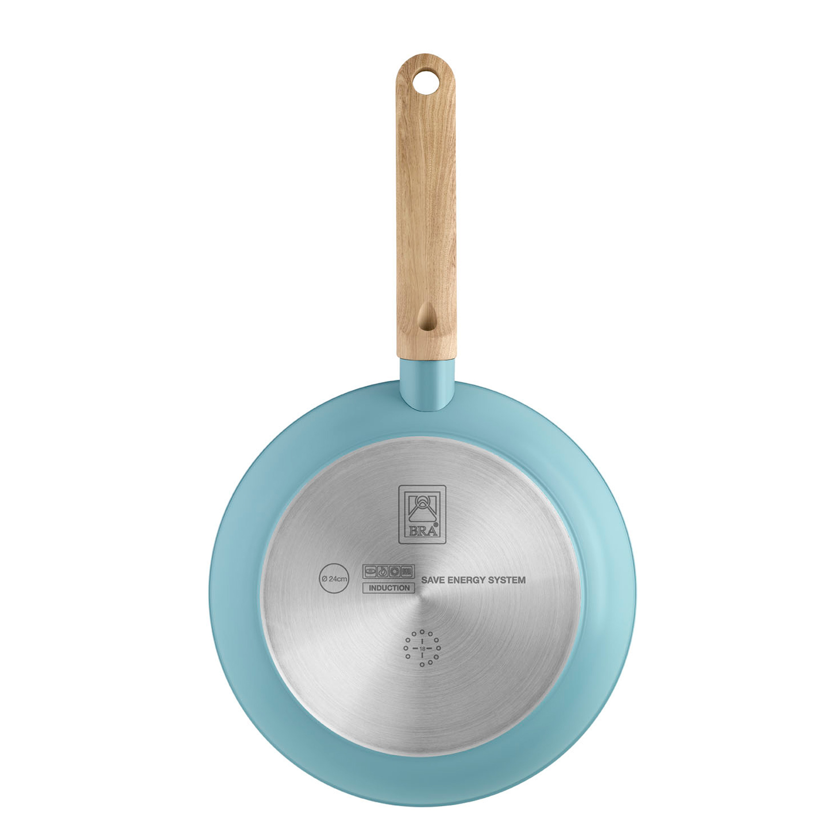 Niebieska patelnia z drewnianym uchwytem. Spód pokazuje podstawę indukcyjną i logo marki.