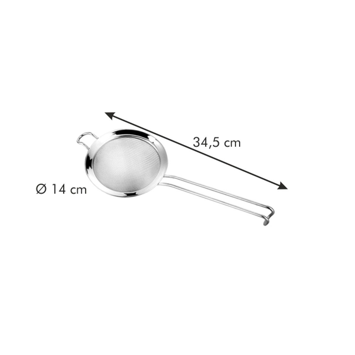 Edelstahl-Sieb mit Griff, misst 14 cm Durchmesser und 34,5 cm Länge.