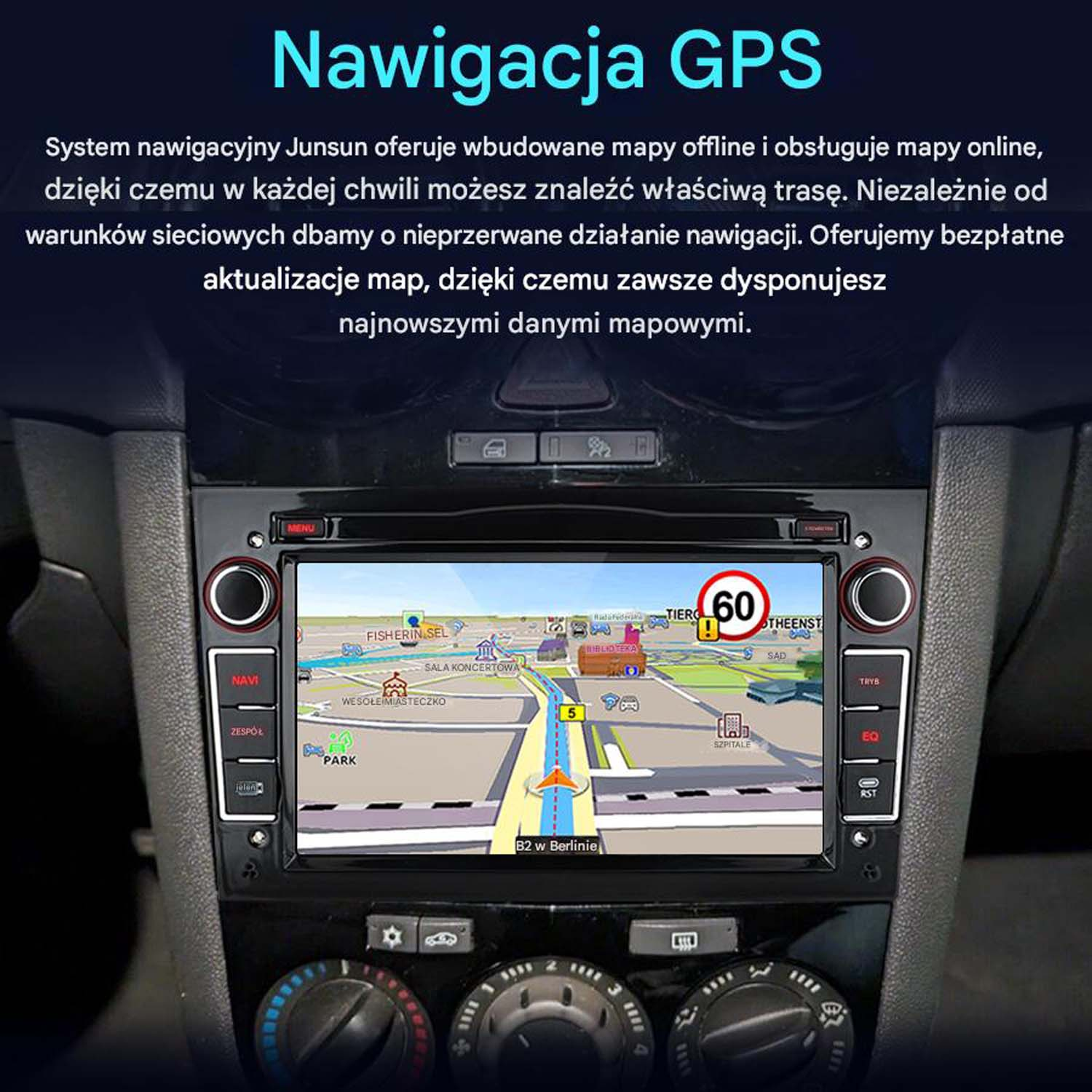 Deska rozdzielcza samochodu z mapą nawigacji na ekranie. Tekst 'Nawigacja GPS' jest na górze.