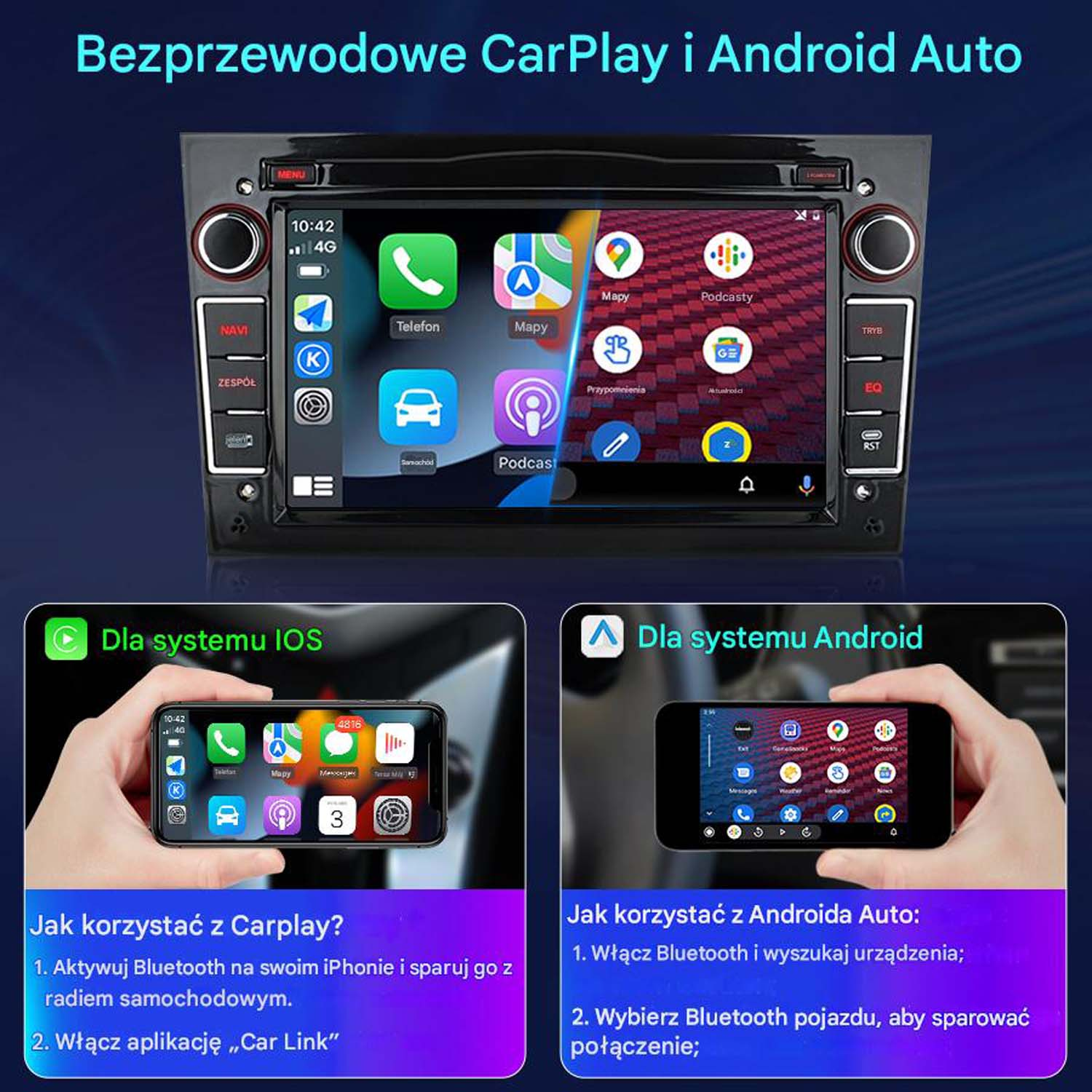 Ekran radia samochodowego wyświetla instrukcje dotyczące korzystania z CarPlay i Android Auto z diagramami.