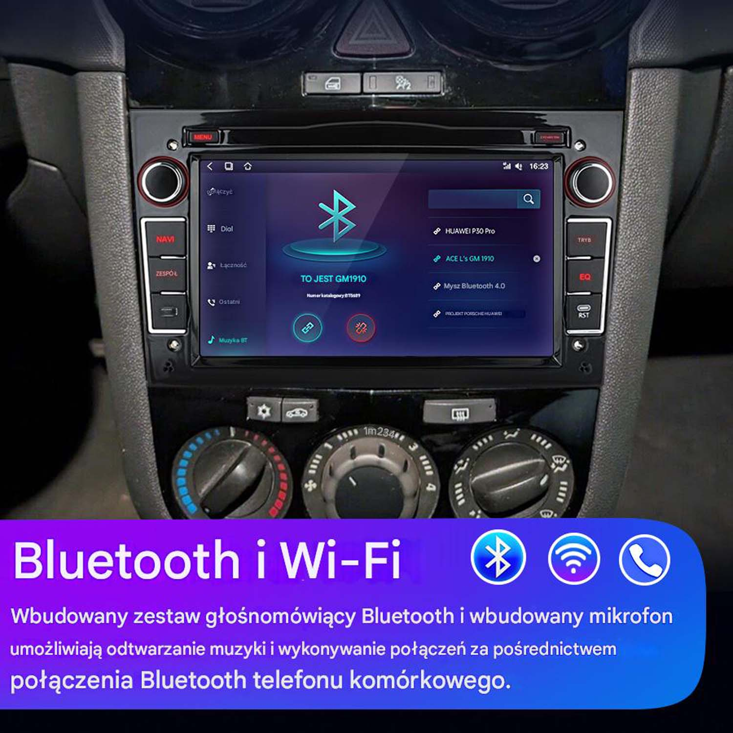 Radio samochodowe z ekranem dotykowym, z wyświetlaczem Bluetooth i Wi-Fi oraz nakładką tekstową.