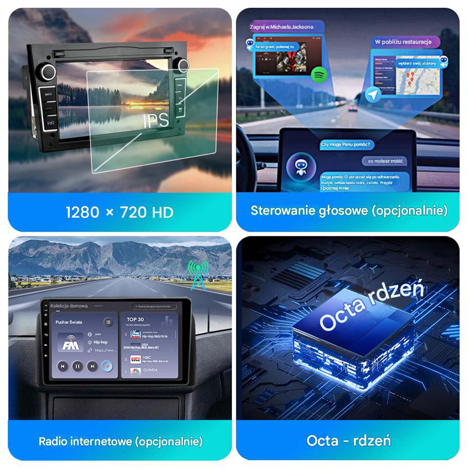 Ekran radia samochodowego wyświetla podzielony widok z różnymi funkcjami, w tym radiem i nawigacją.