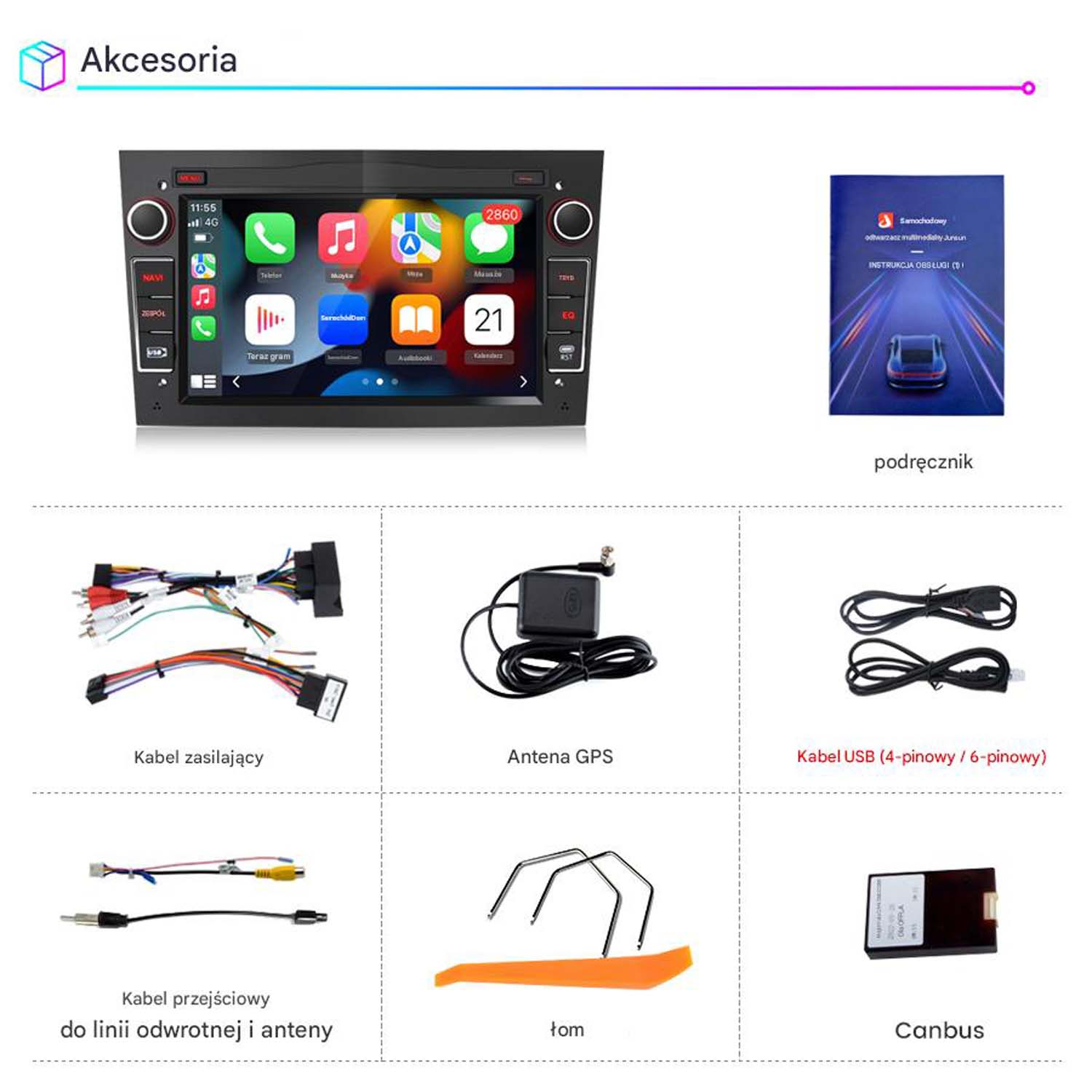Akcesoria do radia samochodowego, w tym okablowanie, antena GPS, kabel USB i narzędzia.