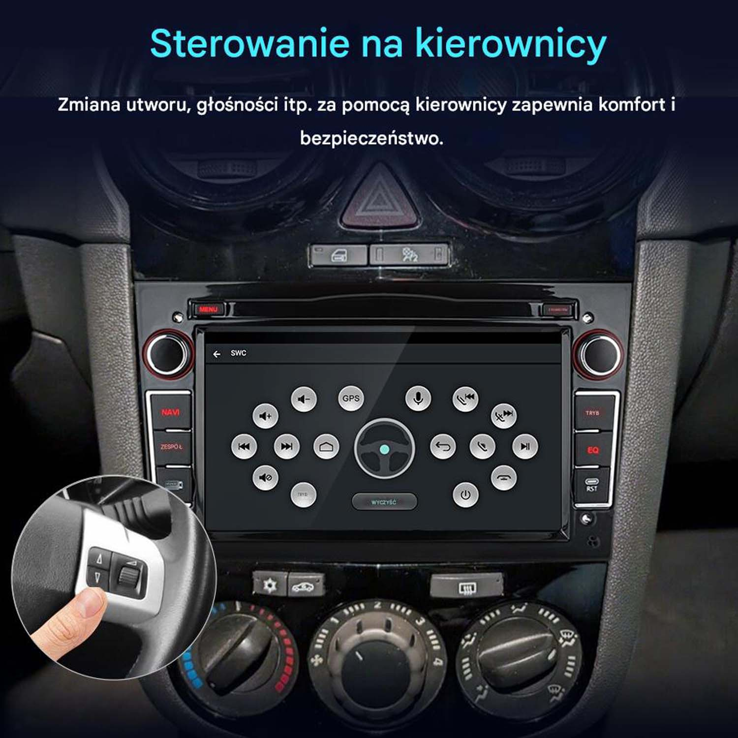 Deska rozdzielcza samochodu z ekranem radia i sterowaniem z kierownicy.