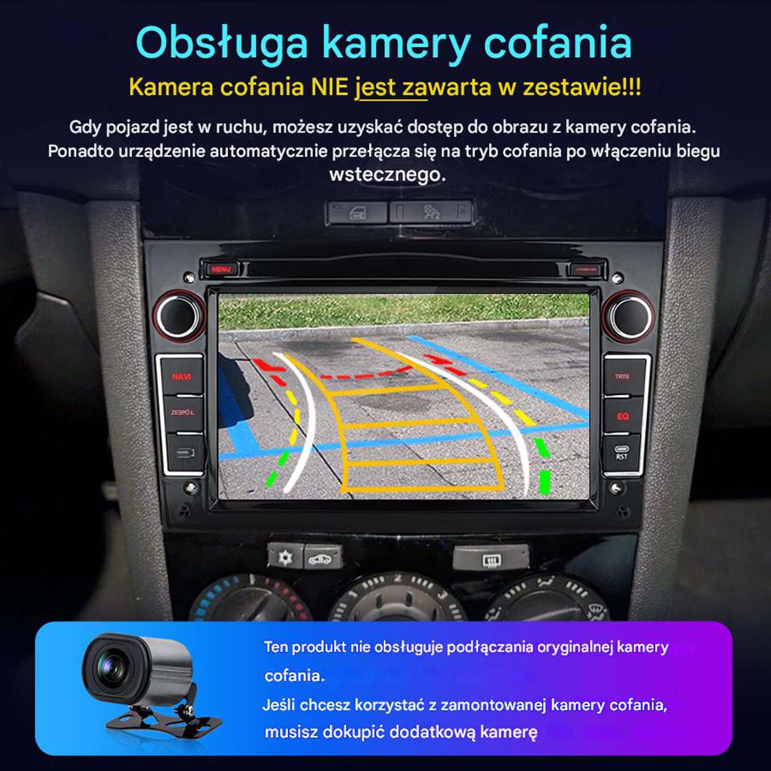 Wyświetlacz radia samochodowego pokazujący widok z kamery cofania. Tekst wyjaśnia konfigurację kamery.