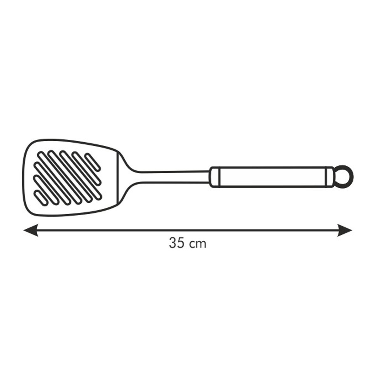 Strichzeichnung eines Spatels mit geschlitztem Kopf. Er hat einen langen Griff und eine Länge von 35 cm.