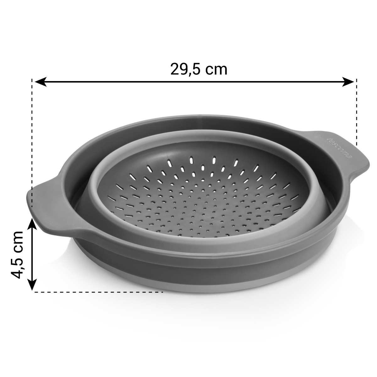 Ein grauer und weißer Seiher mit Maßen. Er hat einen Durchmesser von 29,5 cm und eine Höhe von 4,5 cm.