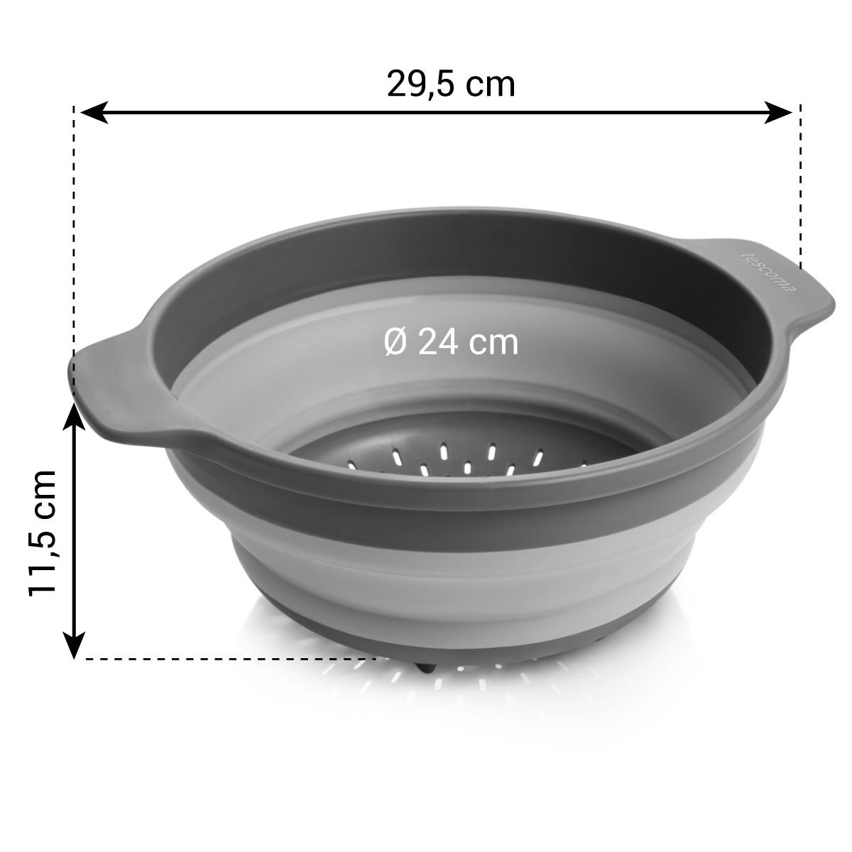 Ein grauer und weißer Seiher mit Maßen. Er hat einen Durchmesser von 24 cm und eine Höhe von 11,5 cm.