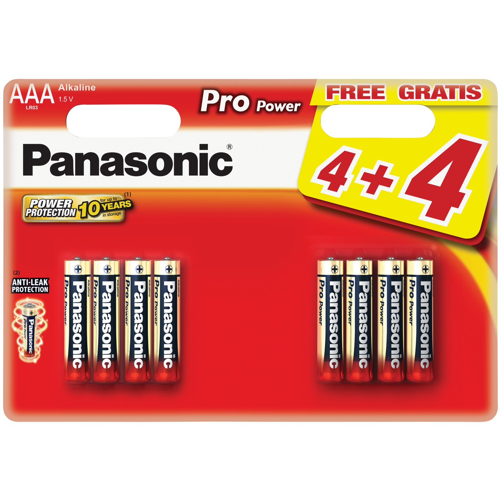 Pile Panasonic Pro Power AAA in una confezione rossa e gialla. Contiene 8 batterie.