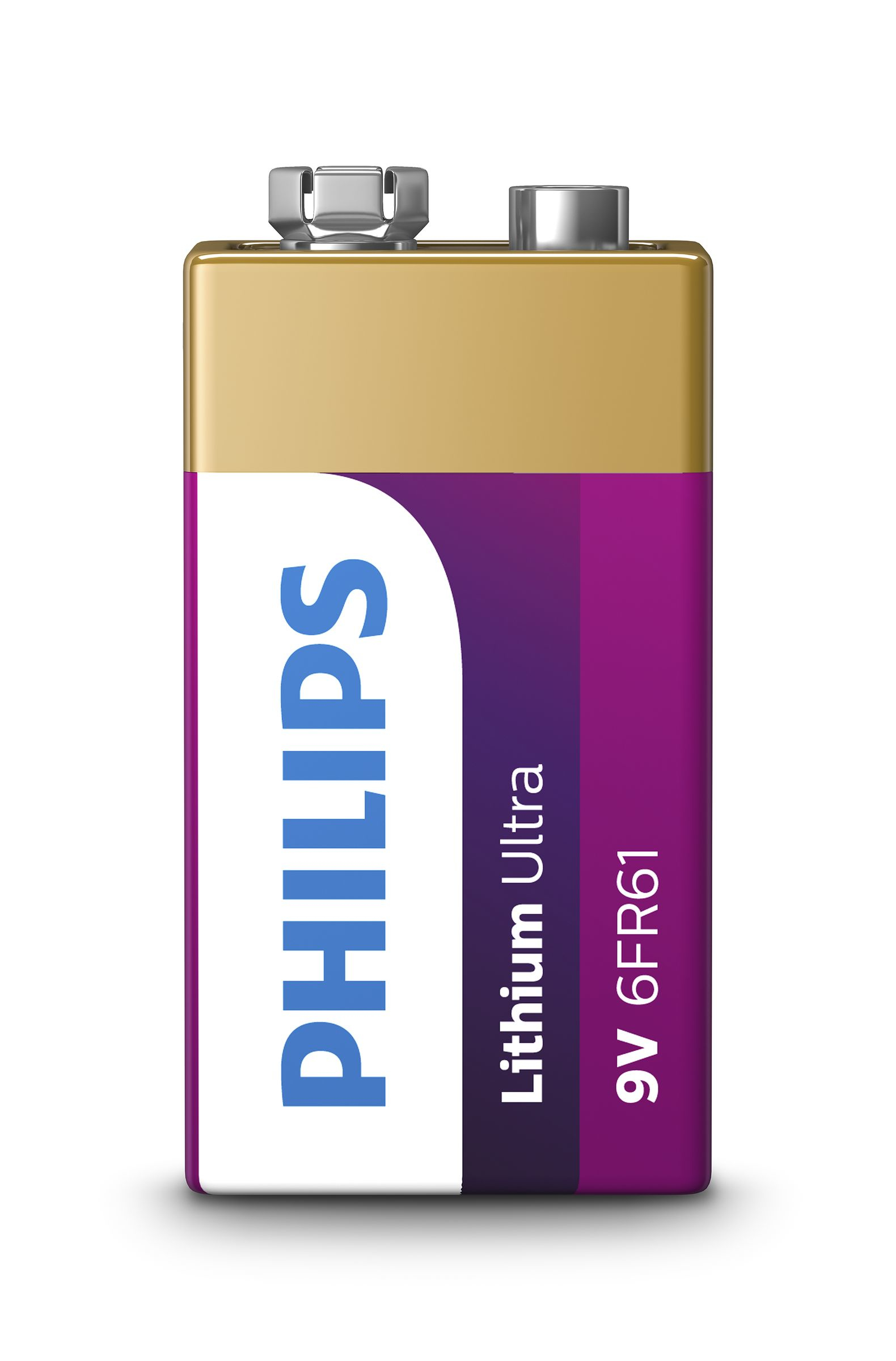 Batteria Philips Lithium Ultra 9V. La batteria è rettangolare e oro/viola.