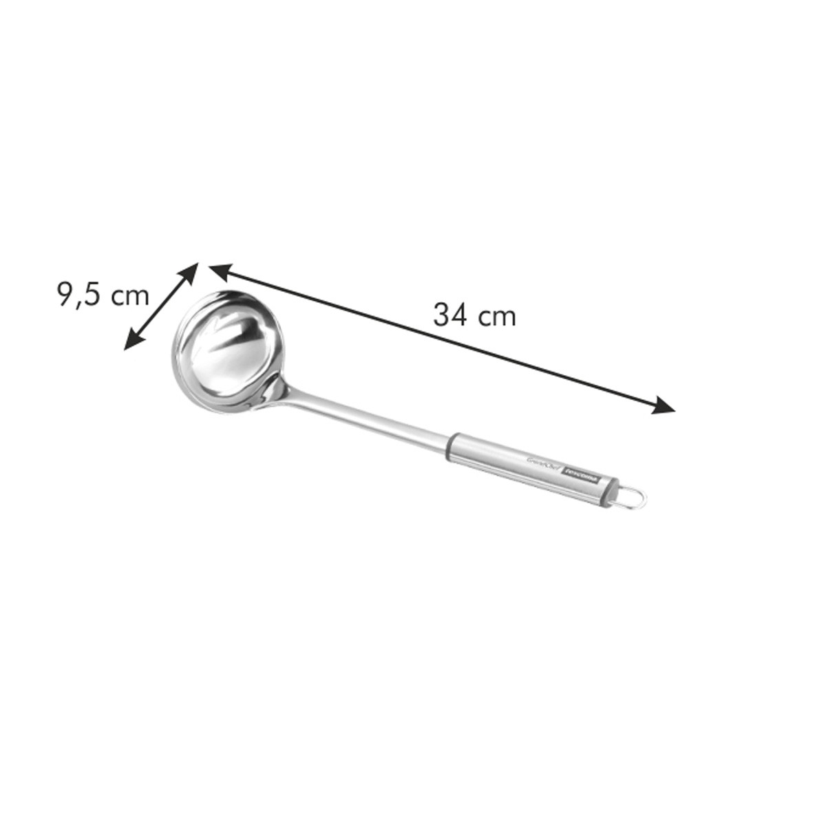 Eine Schöpfkelle aus Edelstahl, Maße: 9,5 cm und 34 cm.
