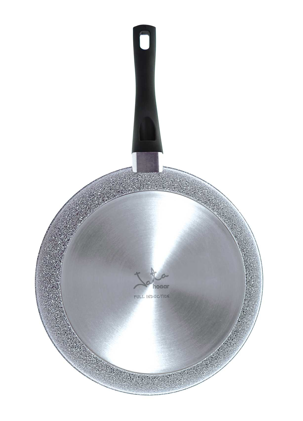 Patelnia, widoczna spodnia strona. Szara, nakrapiana powierzchnia z nazwą marki i logo.