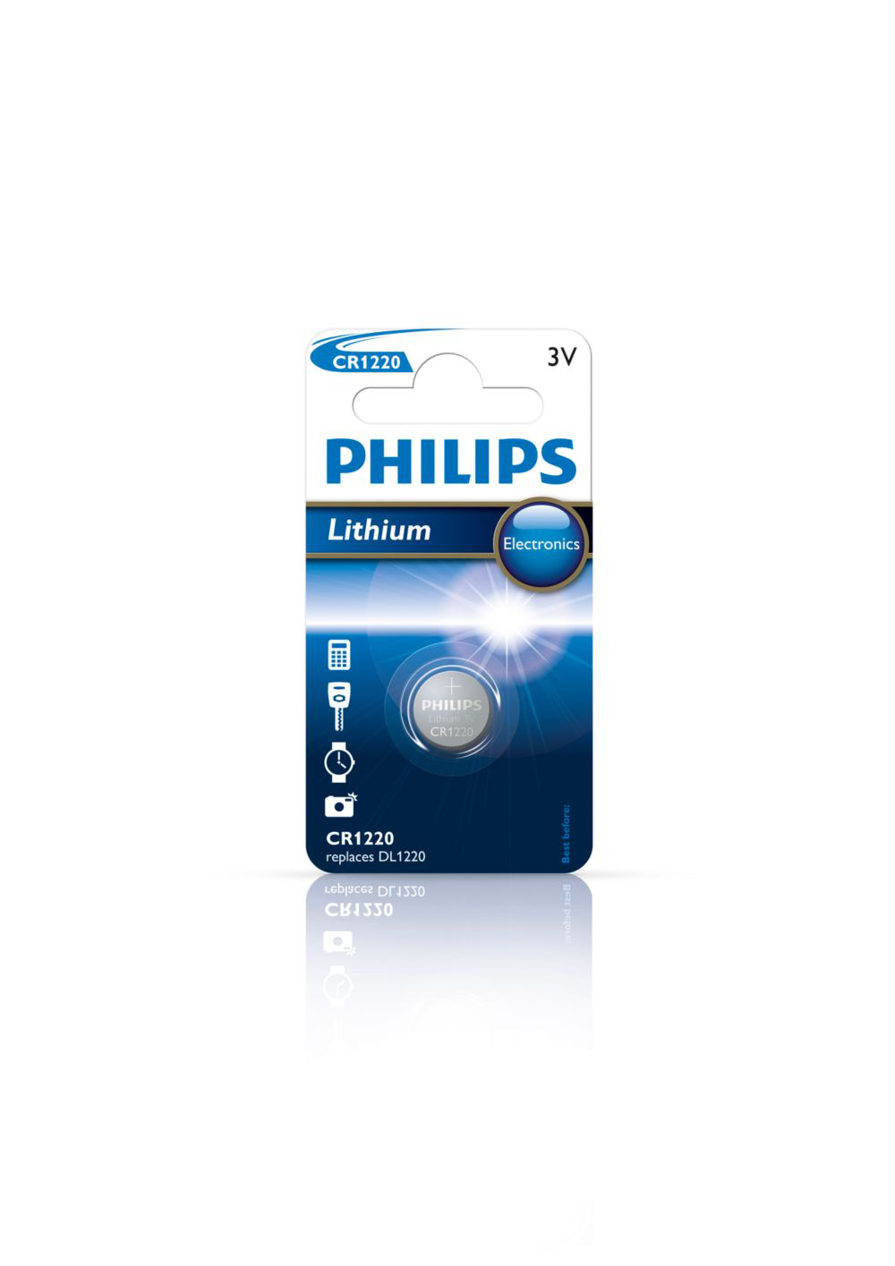 Batteria al litio Philips in confezione blu e bianca. Sfondo bianco con riflessi.