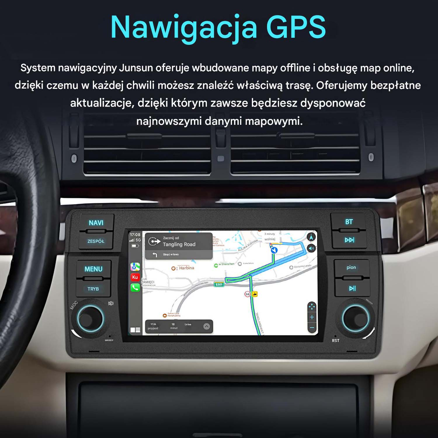 Deska rozdzielcza samochodu z ekranem nawigacji GPS. Tekst po polsku. Czarny ekran z mapą, przyciskami i wnętrzem auta.