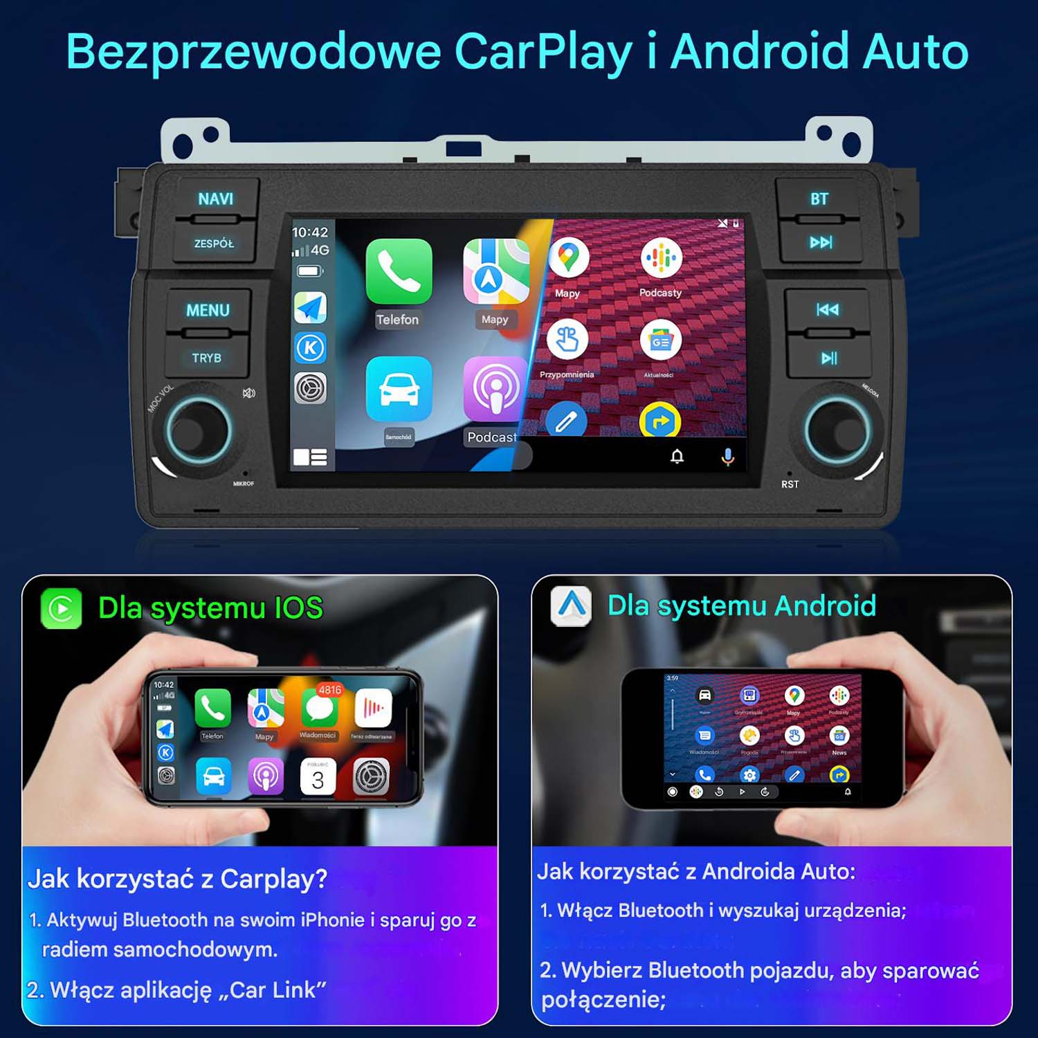 System stereo do samochodu pokazujący interfejsy Wireless CarPlay i Android Auto.
