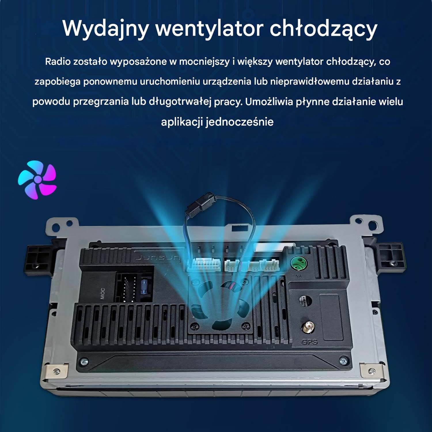 Ekran radia samochodowego z tekstem i przyciskami, z wentylatorem podświetlonym na niebiesko i tekstem po polsku.