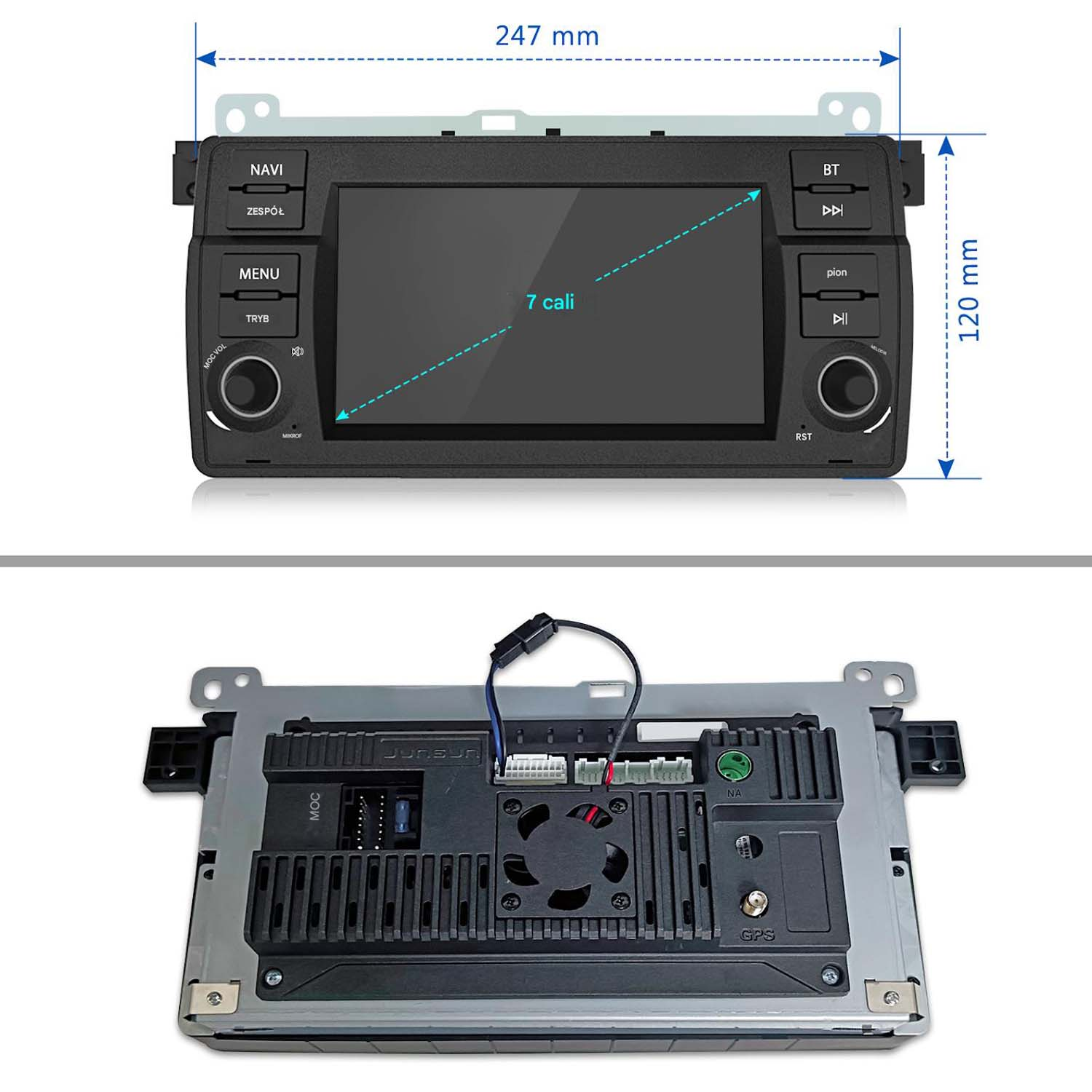 Widok z przodu i z tyłu systemu stereo do samochodu z wymiarami, na białym tle.