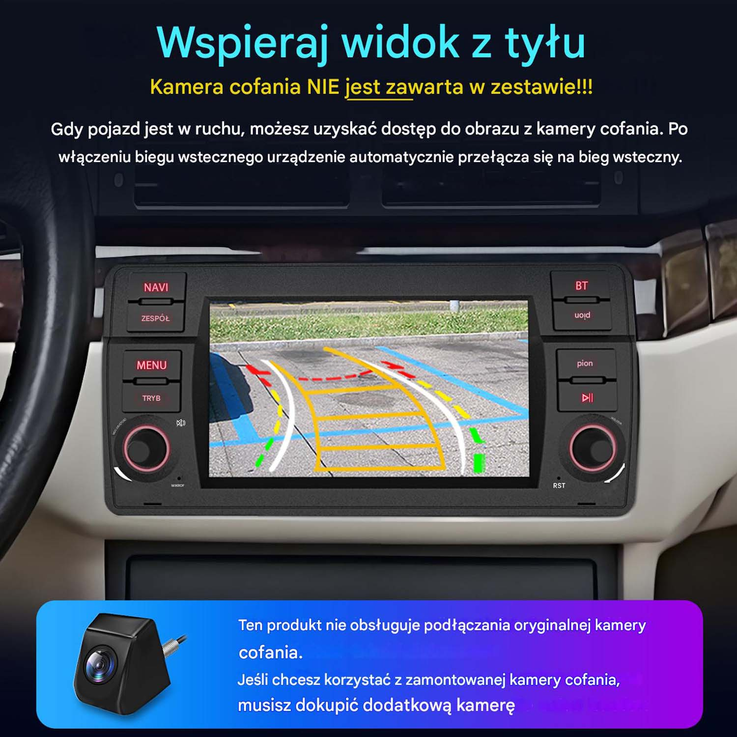 Radio samochodowe wyświetlające widok kamery cofania z kamerą tylną, na desce rozdzielczej.