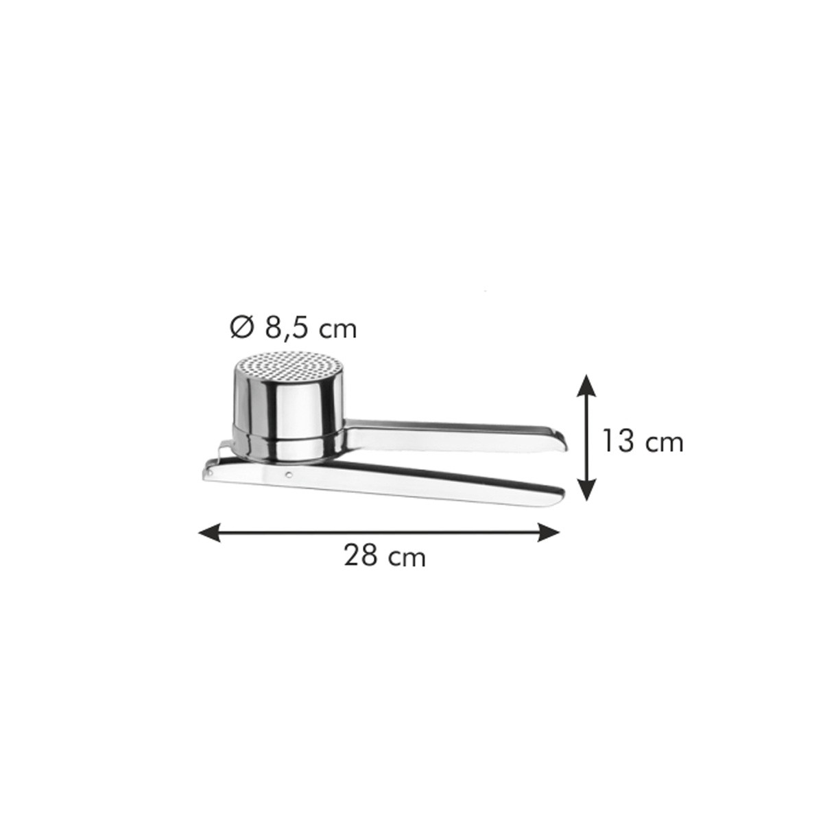 Kartoffelpresse aus Edelstahl mit Maßen: 8,5 cm Durchmesser, 28 cm lang, 13 cm hoch.