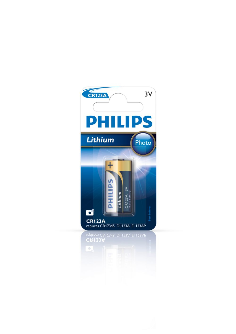 Batteria al litio Philips CR123A su sfondo bianco.