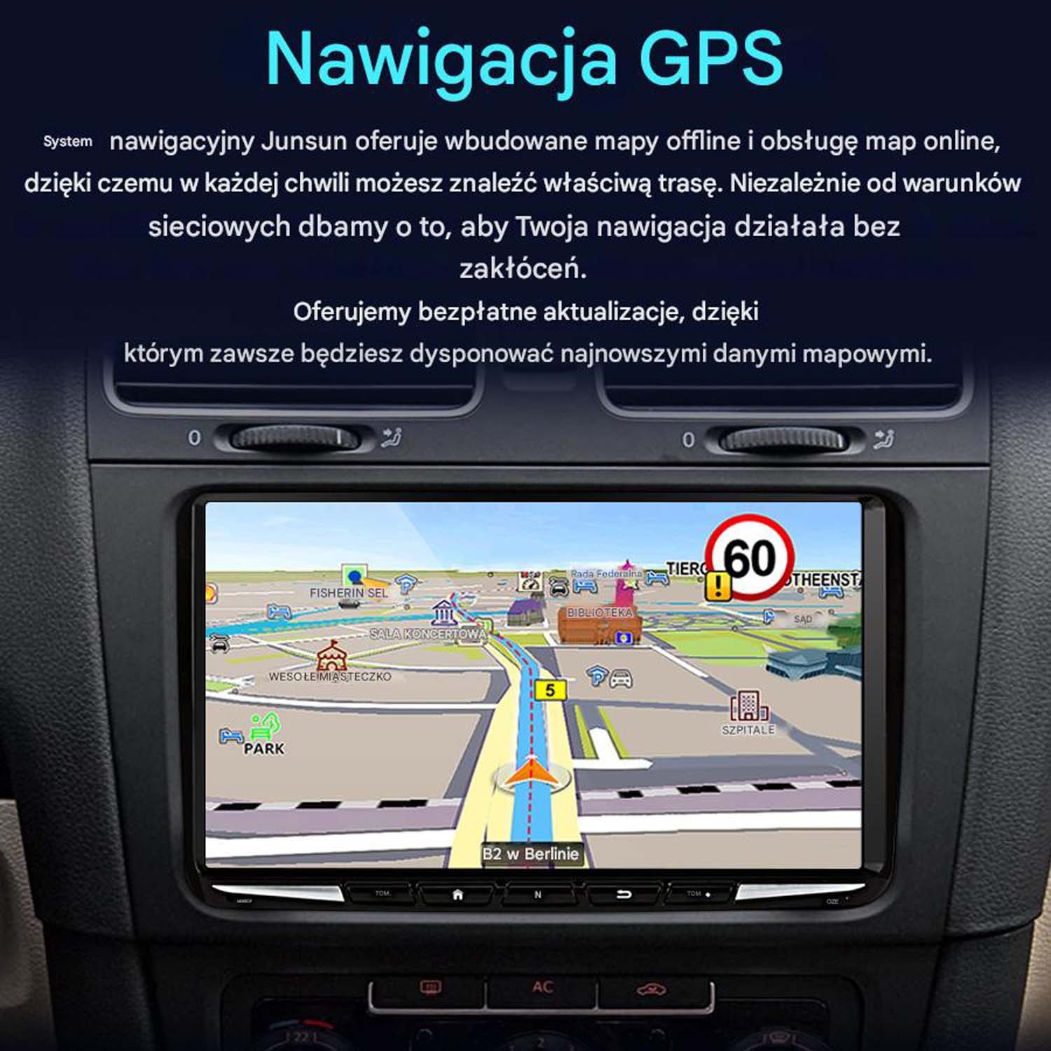 Ekran nawigacji GPS w samochodzie, pokazujący mapę i wskazówki dotyczące trasy.