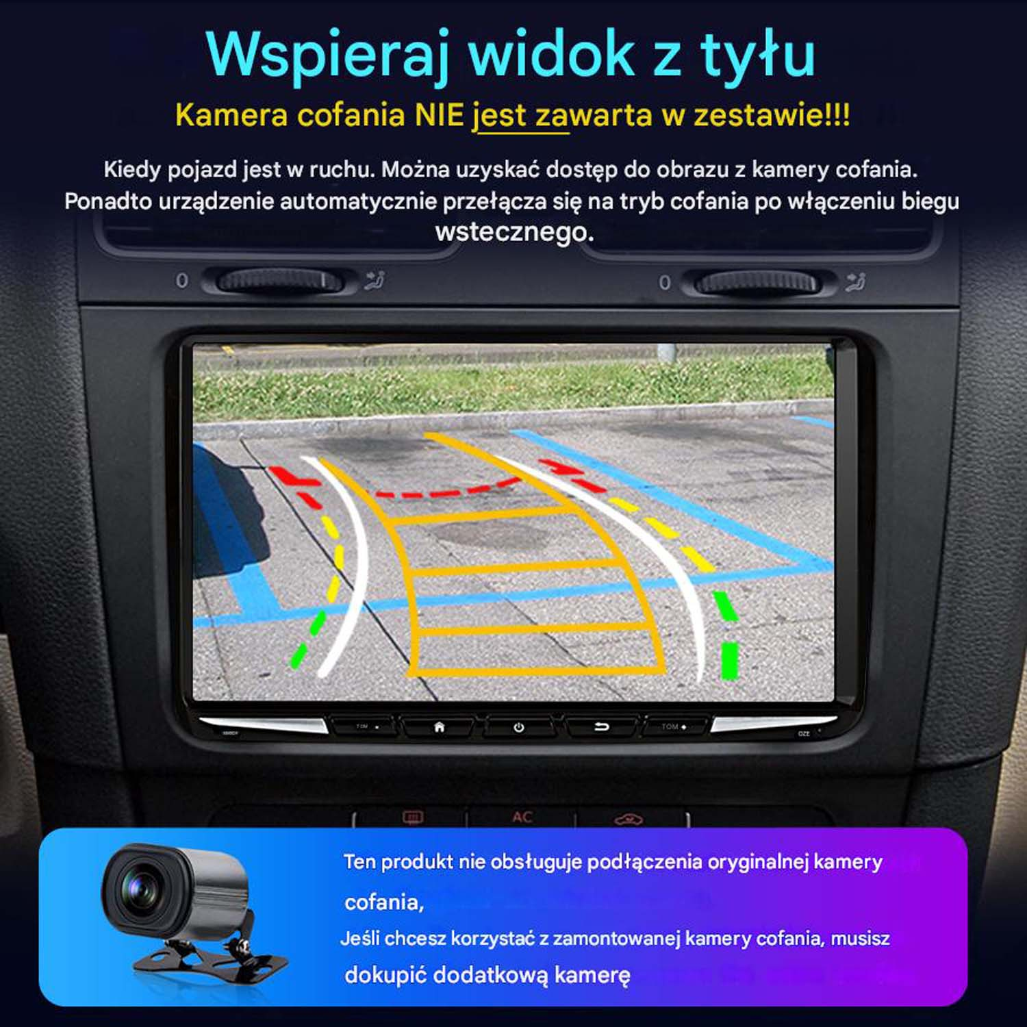 Ekran radia samochodowego pokazujący widok z kamery cofania z liniami pomocniczymi parkowania. Tekst jest po polsku.