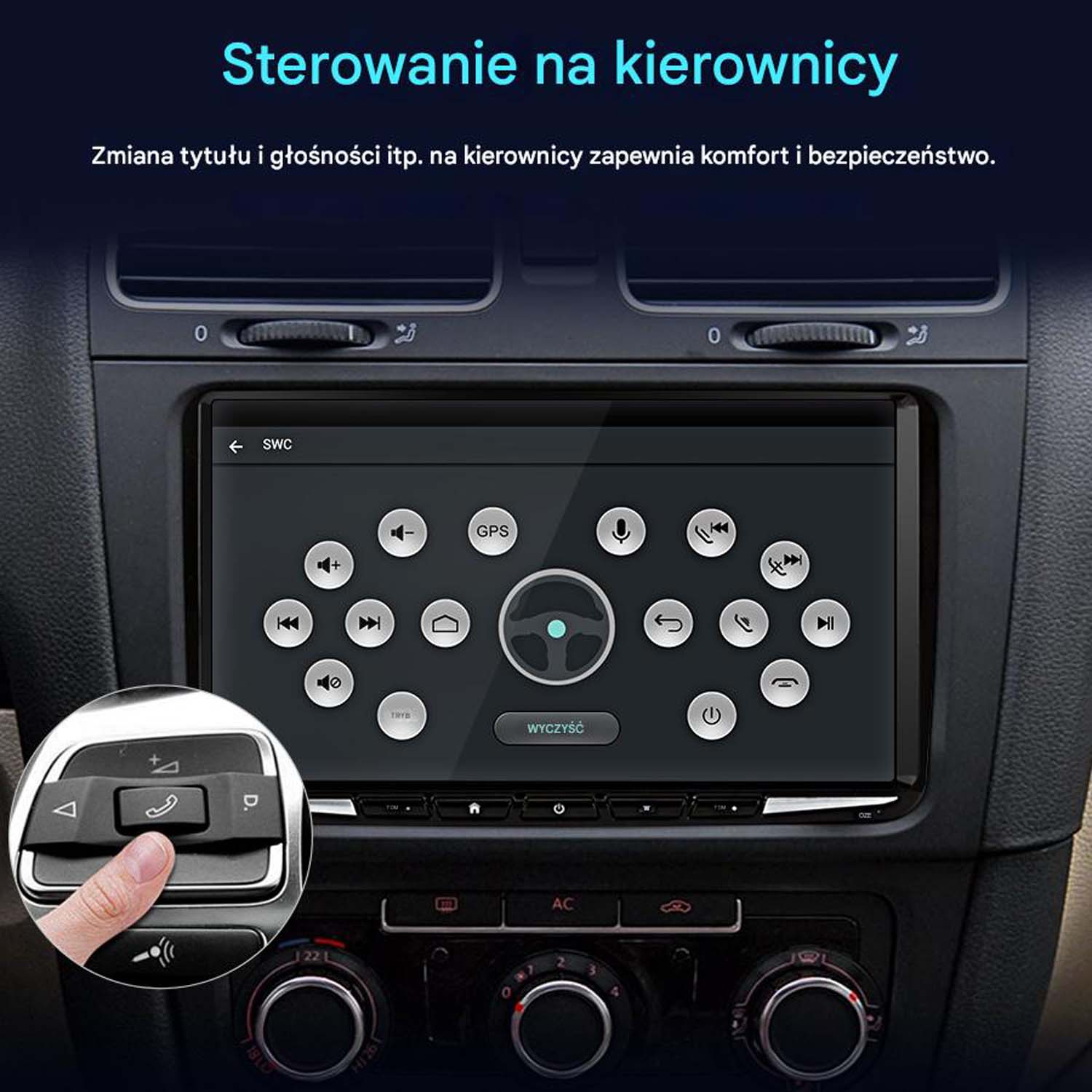 Ekran deski rozdzielczej samochodu z elementami sterowania kierownicą i ręką, która ich używa.