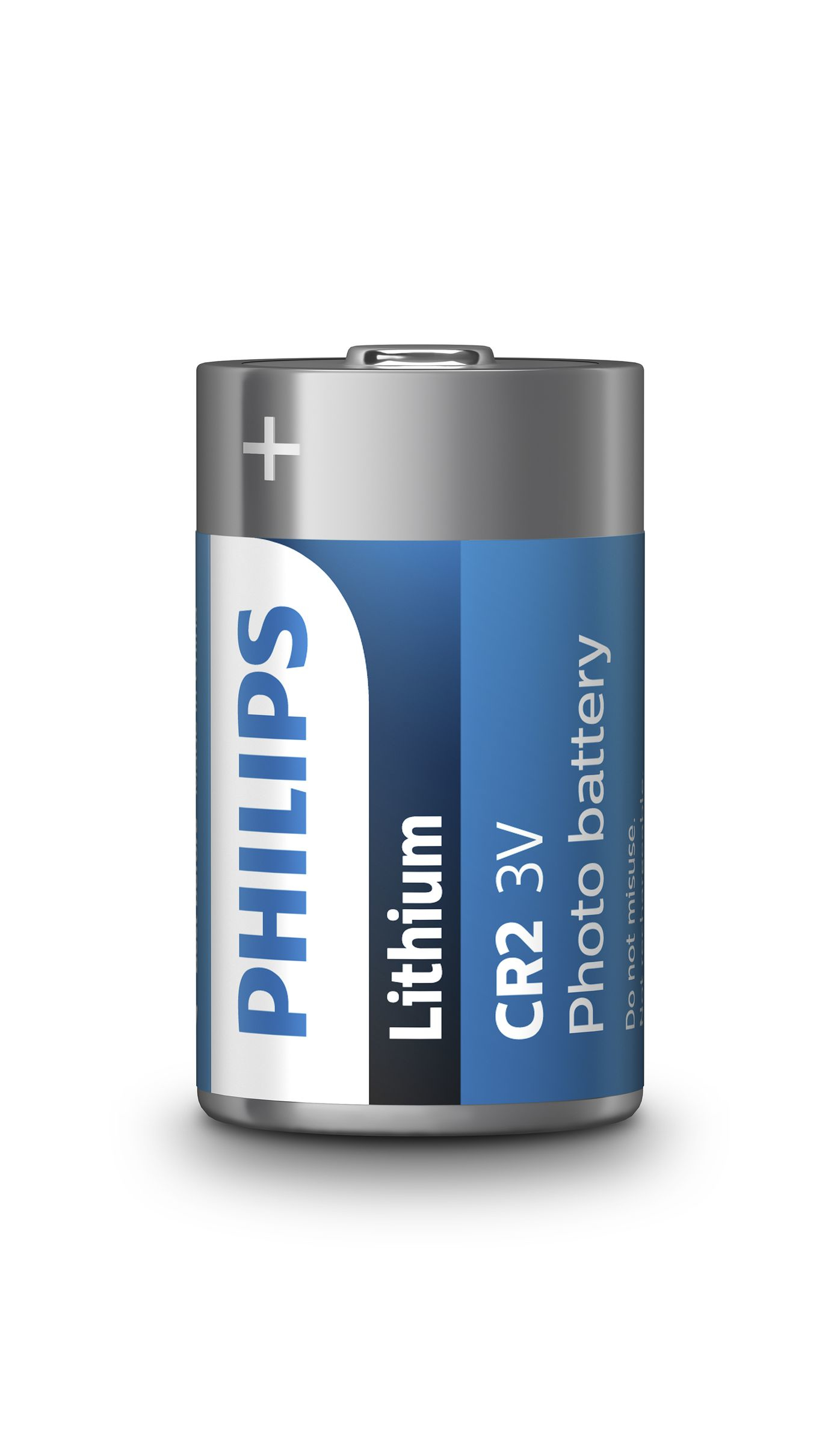 Pila al litio Philips con etichetta blu e argento e un segno più in alto.