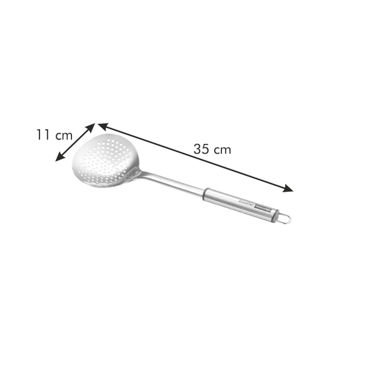 Silberner Schlitzlöffel mit Maßangaben: 11 cm breit und 35 cm lang.