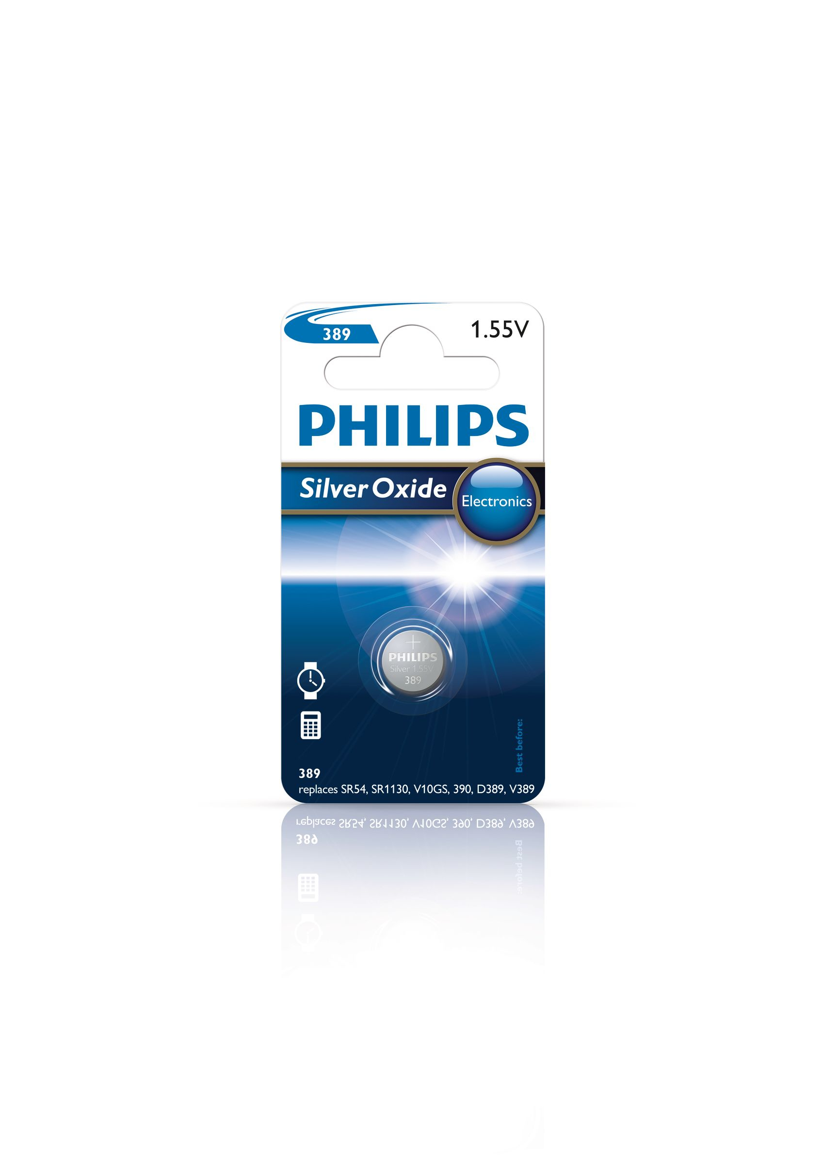 Bateria pastylkowa Philips, 1,55 V, w blistrze. Białe tło.
