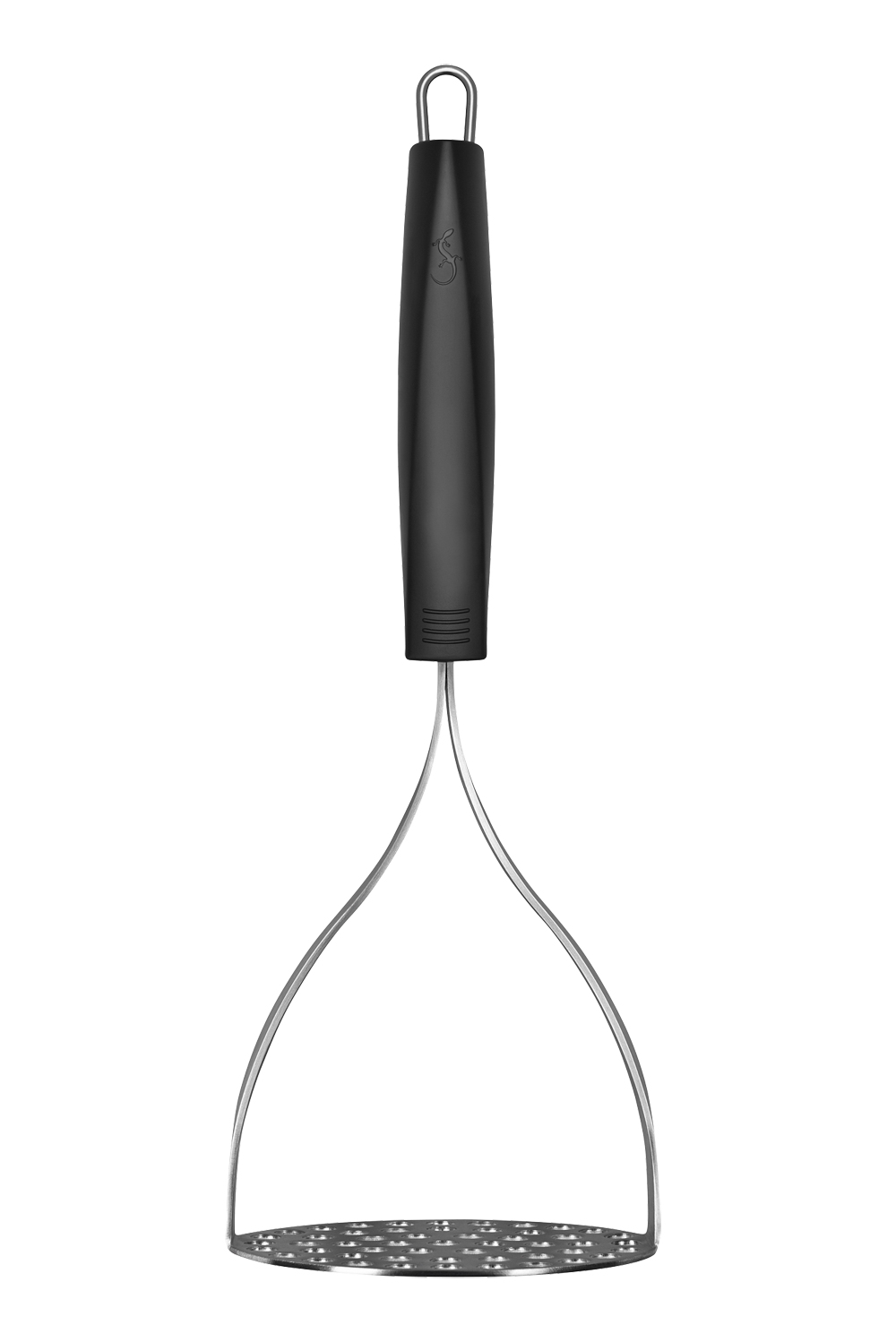 Ein schwarzer Kartoffelstampfer mit Edelstahlkopf. Er hat einen Griff und ein schlaufenförmiges Design.