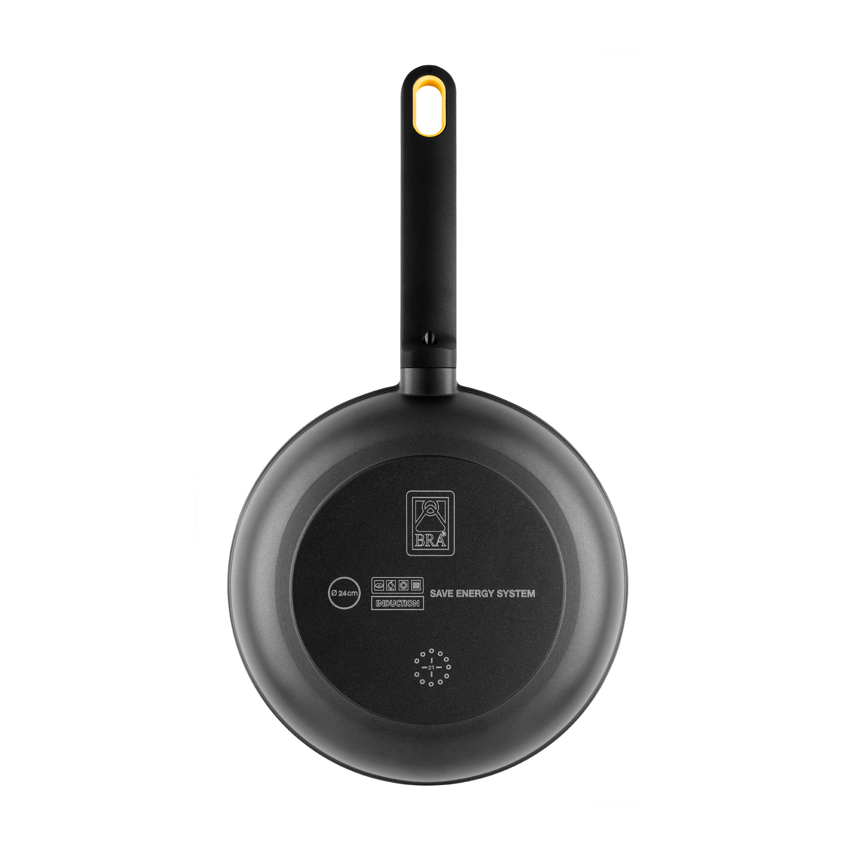 Czarna patelnia z żółtym uchwytem, z logo BRA i systemem oszczędzania energii na spodzie.