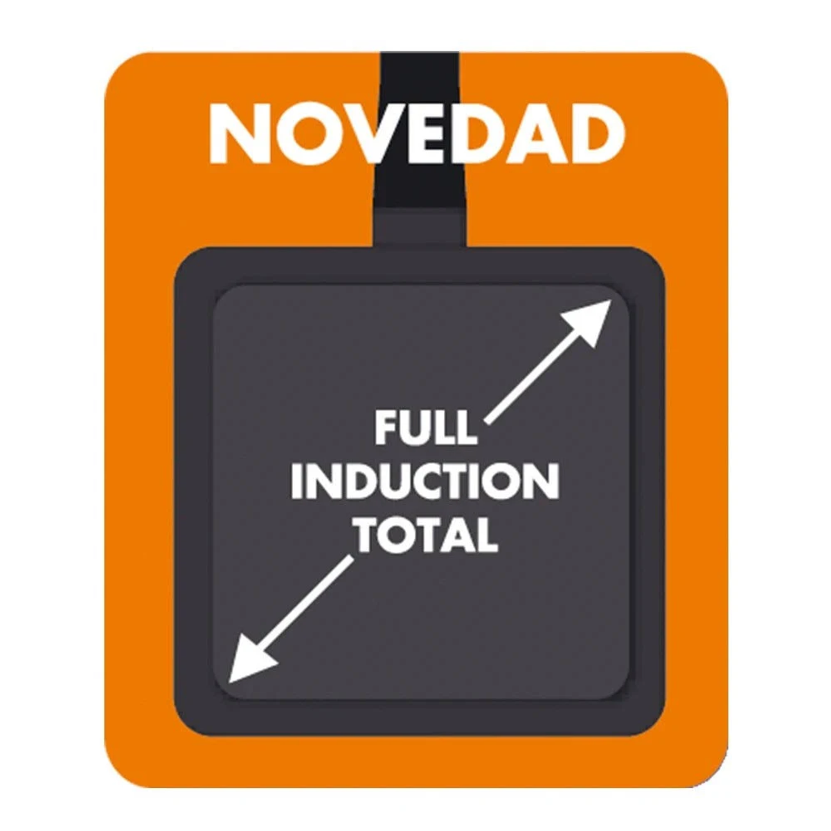 Cuadrado naranja con cuadrado negro dentro, texto blanco 'FULL INDUCTION TOTAL' con flechas y 'NOVEDAD' arriba.