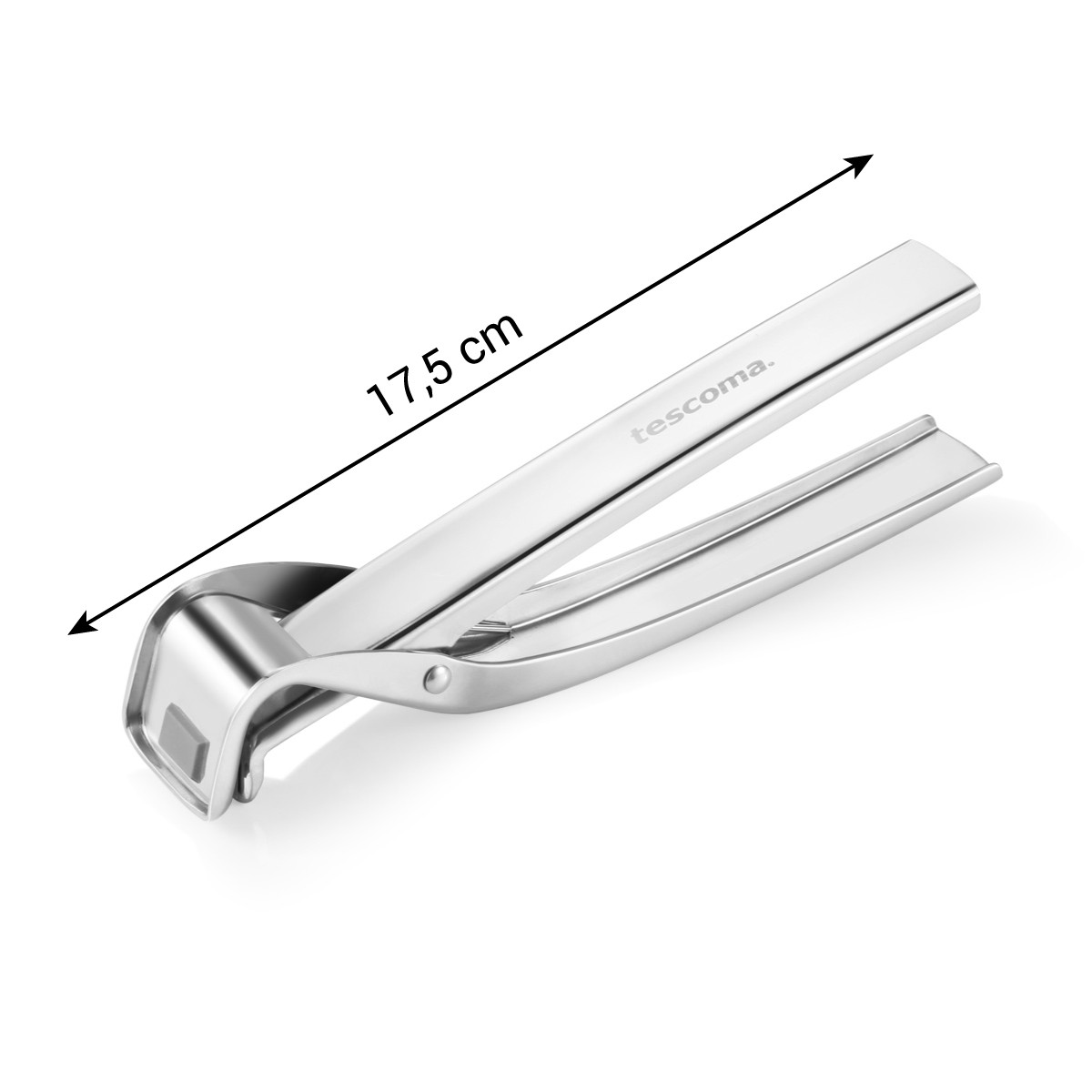 Eine silberne Knoblauchpresse mit einer Messung von 17,5 cm an der Seite.