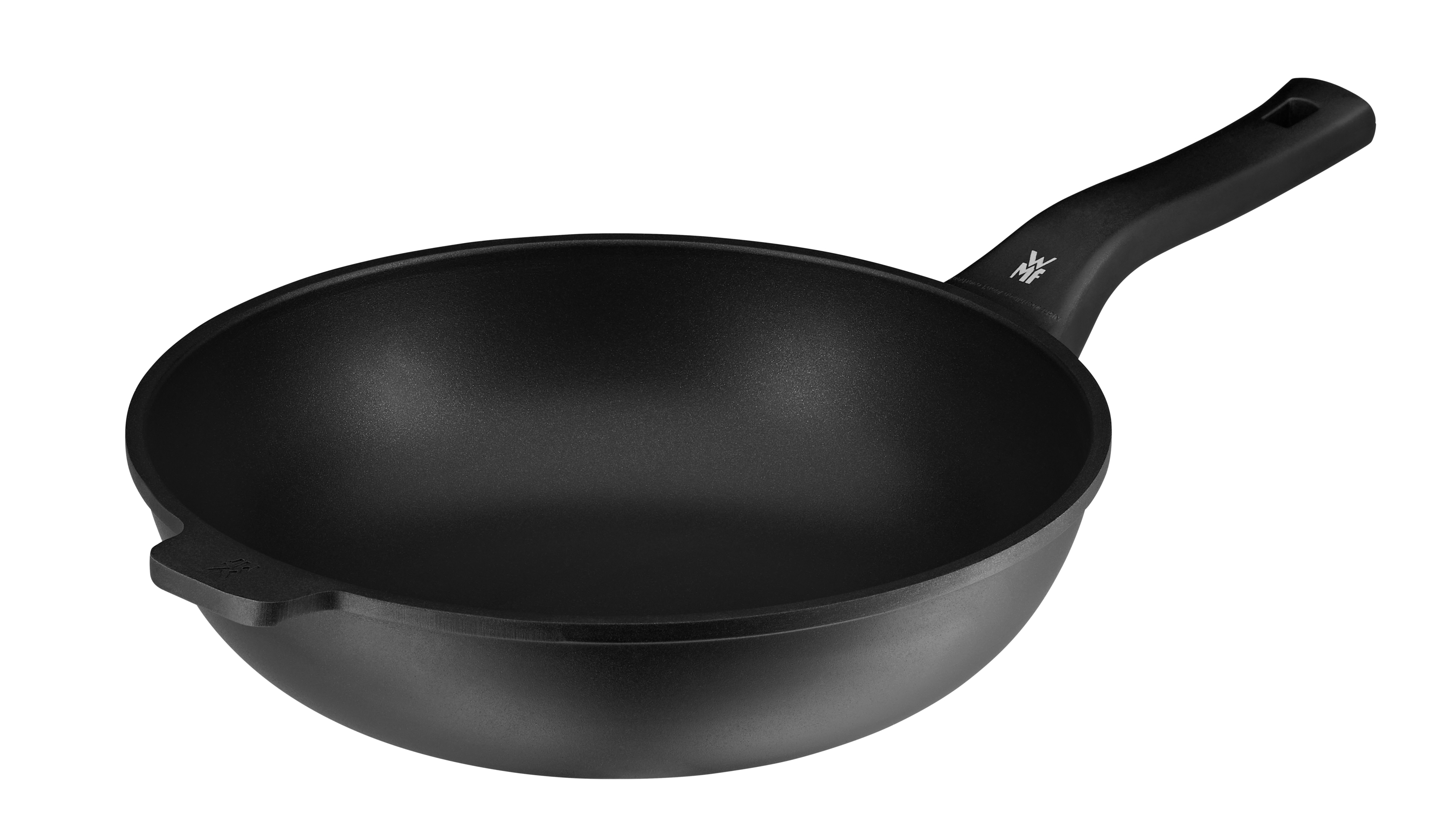 Schwarze Bratpfanne, Unteransicht, mit Markenname und Logo auf der Basis.