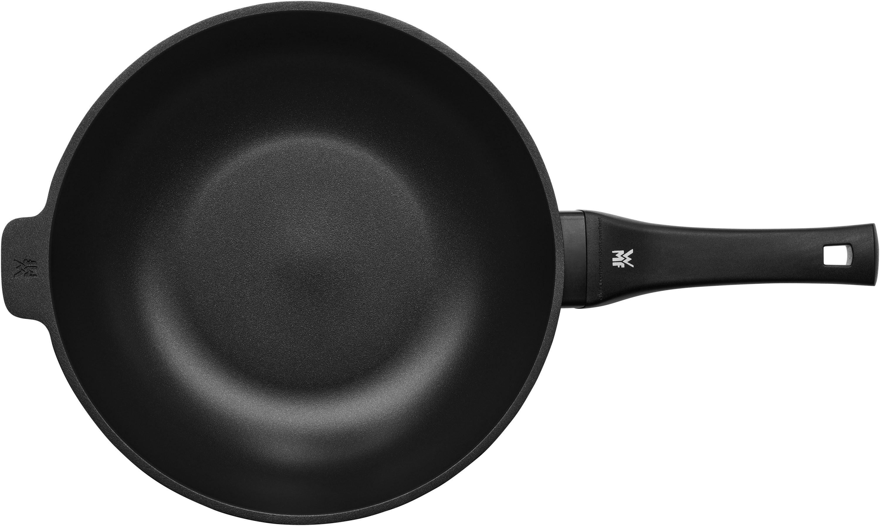 Schwarzer Wok, Draufsicht, mit langem Griff und gebogenen Seiten.