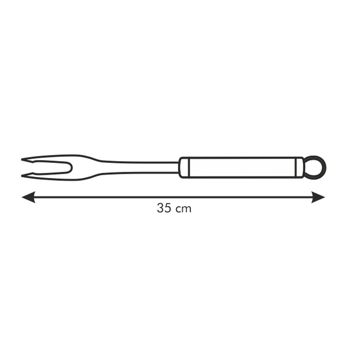 Gabel aus Metall mit zwei Zinken, langem Griff und Schlaufe. 35 cm lang.