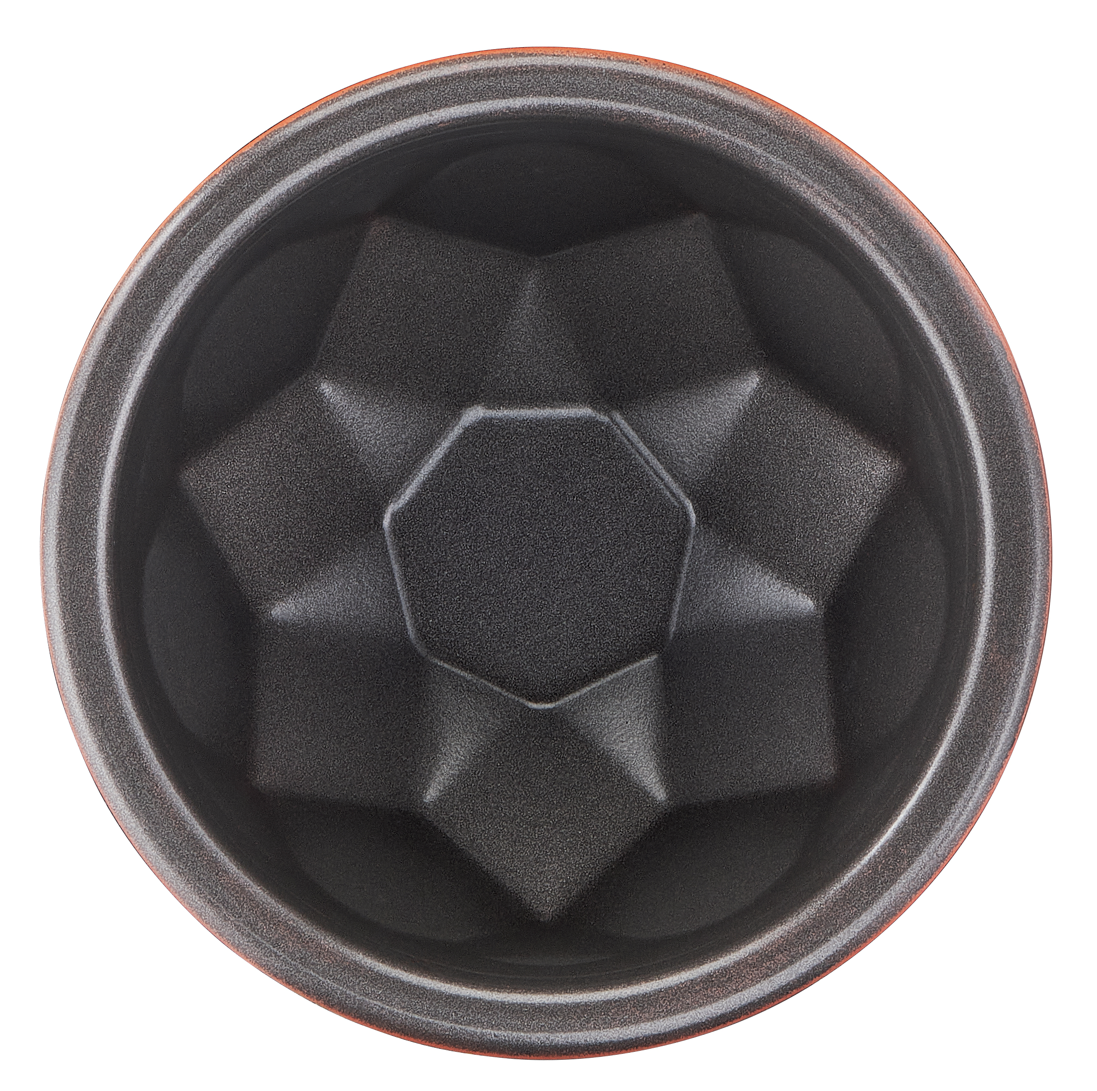 Okrągła, teksturowana, ciemna forma do pieczenia, z góry.
