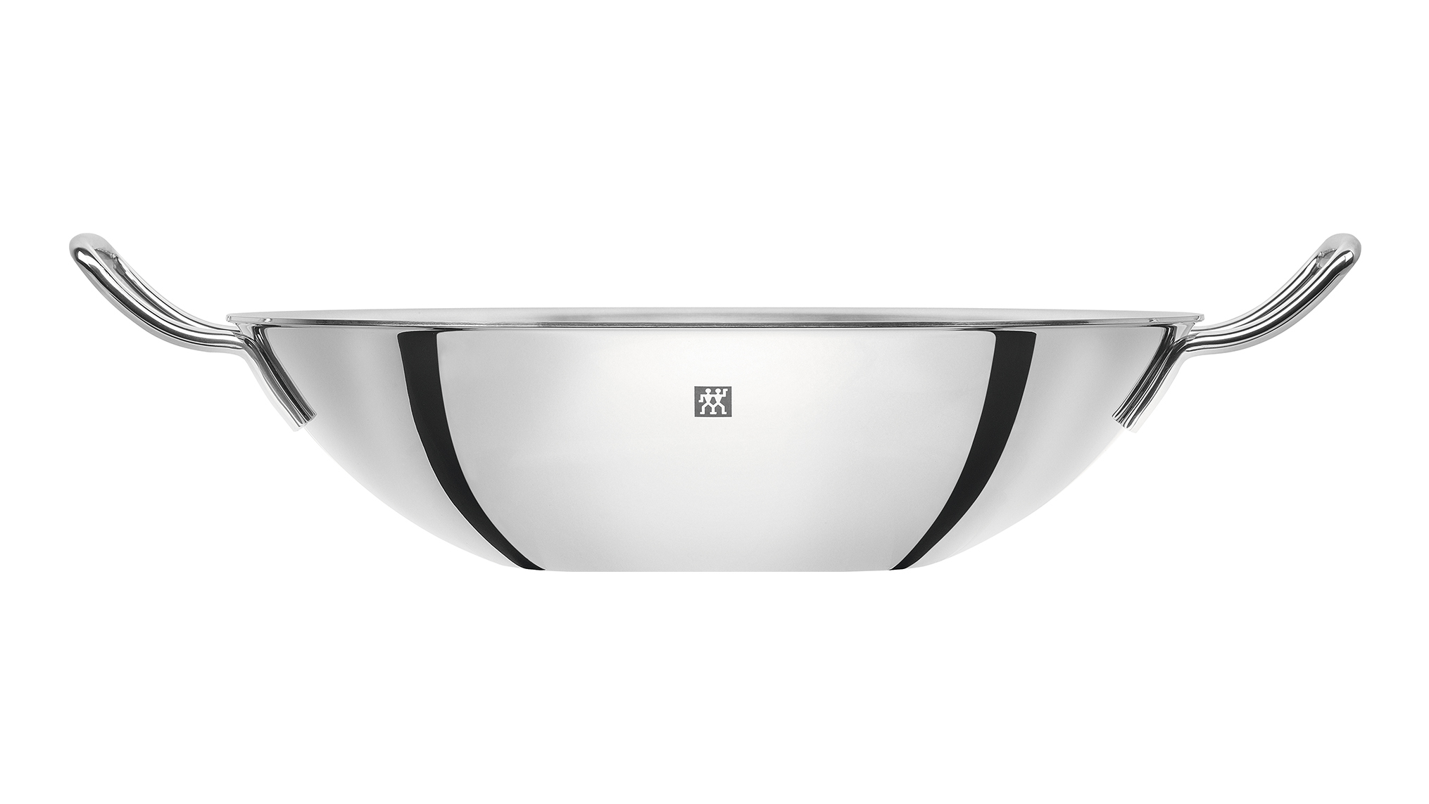 Wok-Pfanne aus Edelstahl mit zwei Griffen.