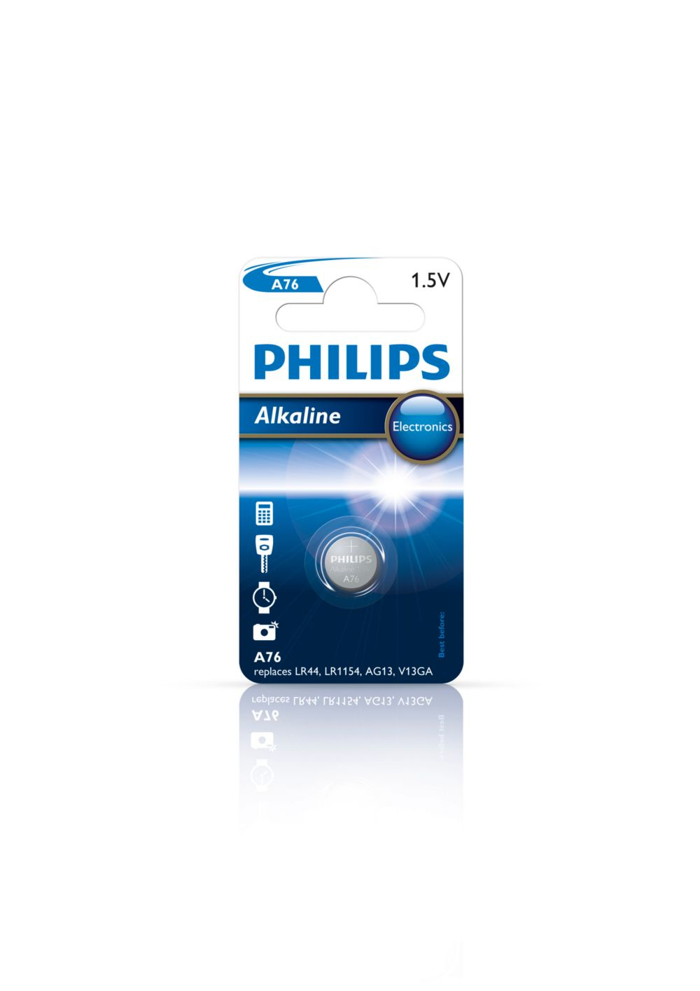 Una batteria a bottone alcalina Philips A76 in una confezione bianca e blu.