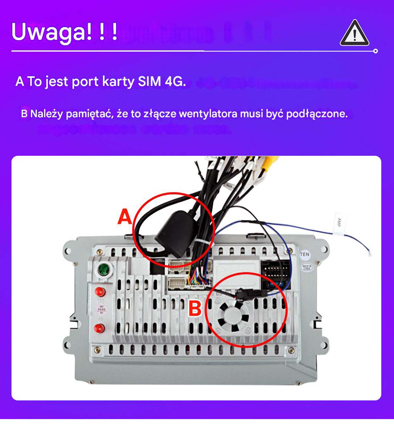 Ekran samochodowy z etykietami A i B oraz tekstem ostrzegawczym. Pokazuje części wewnętrzne i port karty SIM.