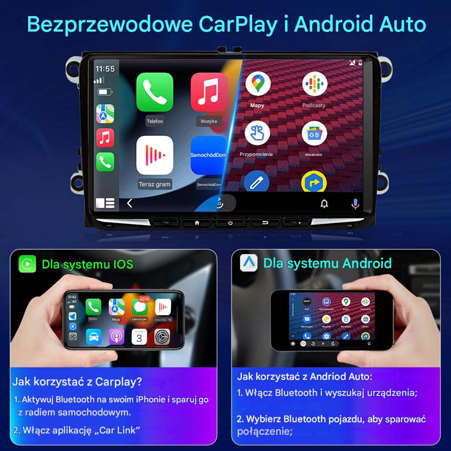 Dwa telefony wyświetlające interfejsy CarPlay i Android Auto z instrukcjami na ekranie.