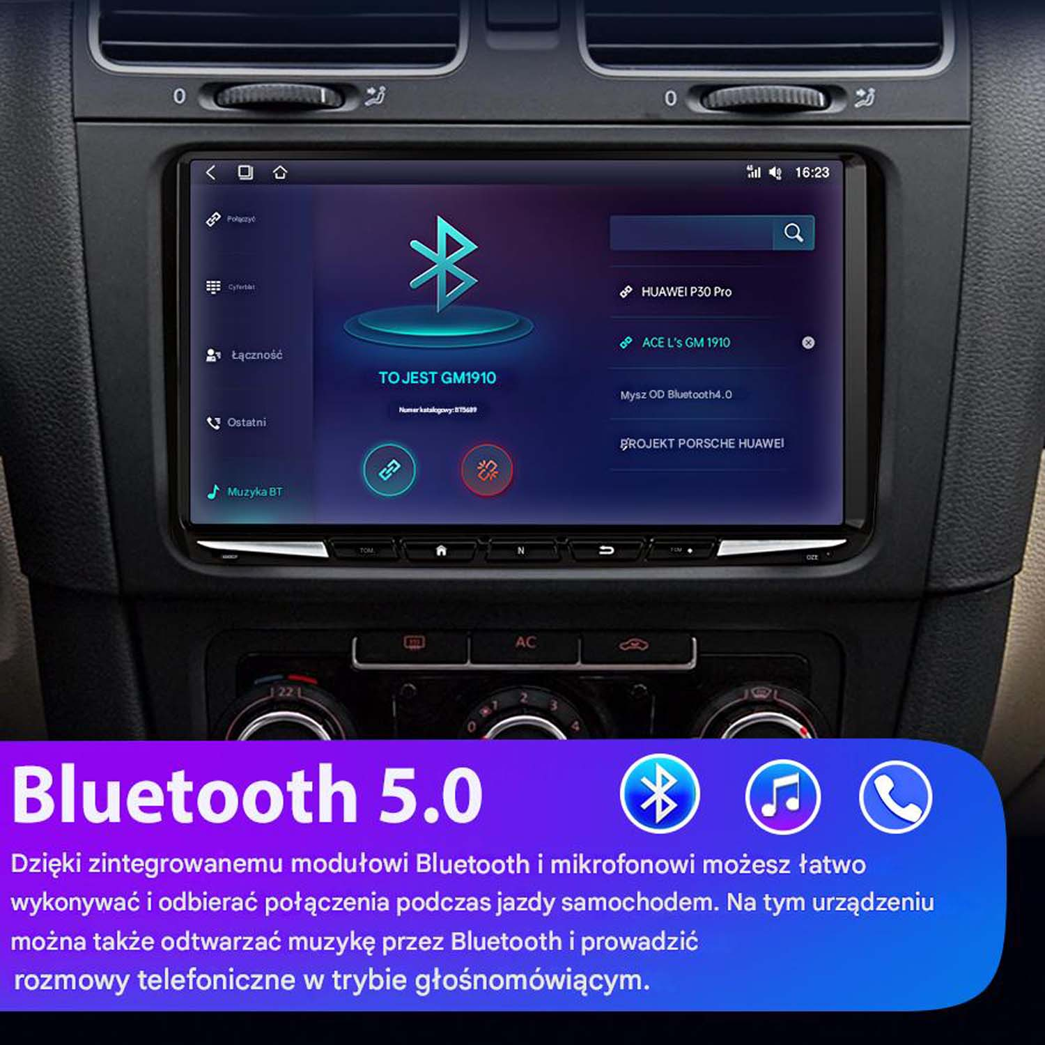 Ekran radia samochodowego wyświetlający ustawienia Bluetooth, elementy sterowania muzyką i ikony telefonu.