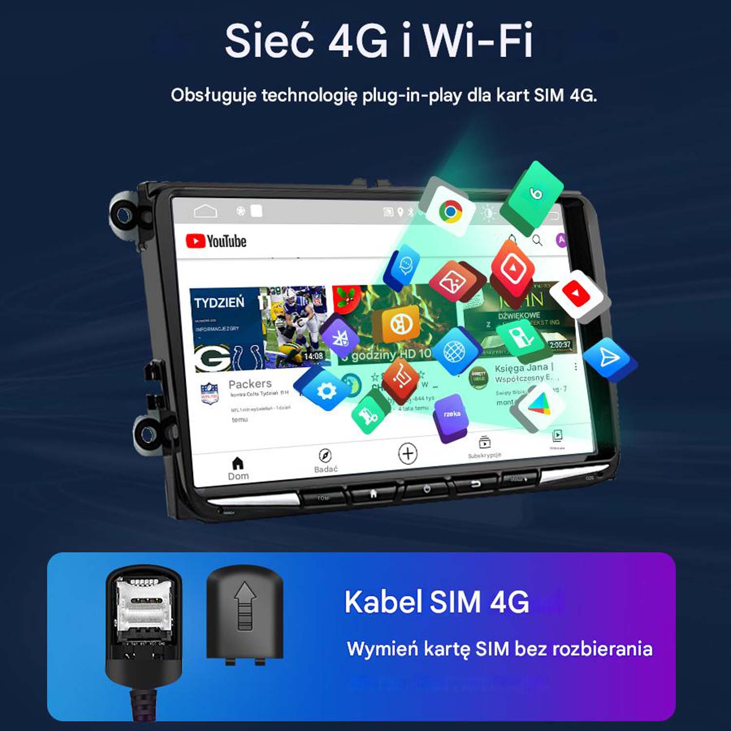 Ekran radia samochodowego wyświetla interfejs z ikonami aplikacji i gniazdem karty SIM.