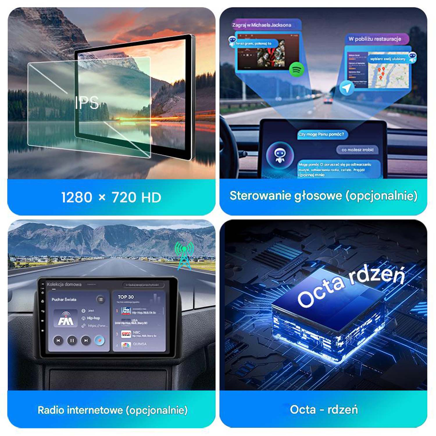 Cztery zdjęcia przedstawiają ekran samochodu, jego funkcje i procesor. Pokazano również ekran i opcję sterowania głosem.