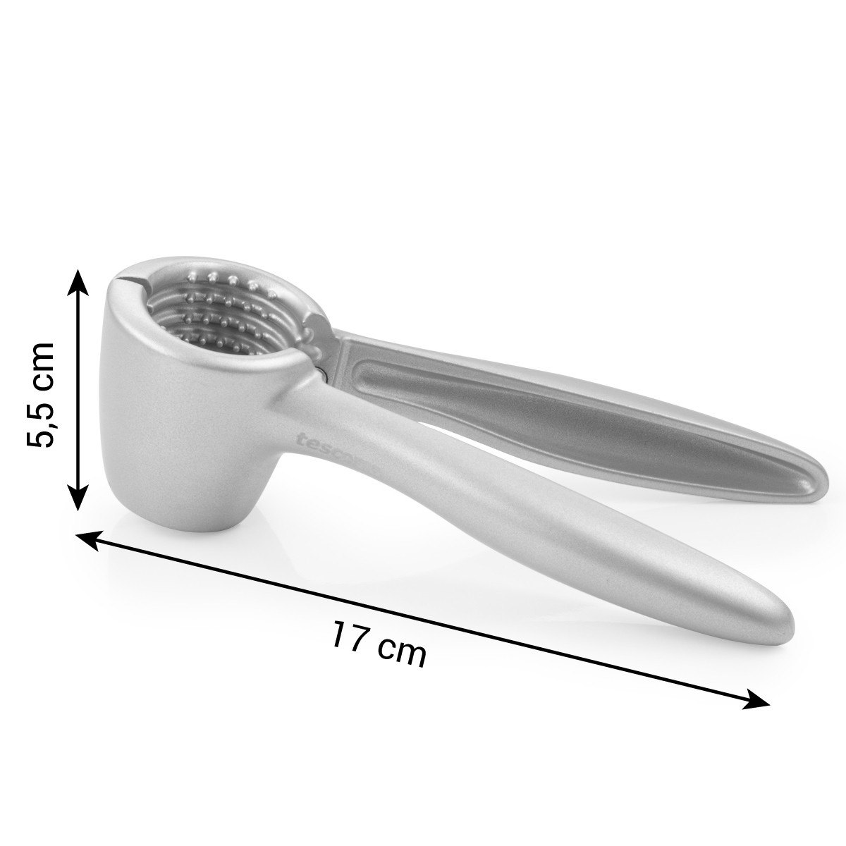 Ein silberner Nussknacker mit den angegebenen Abmessungen: 5,5 cm Höhe, 17 cm Länge.